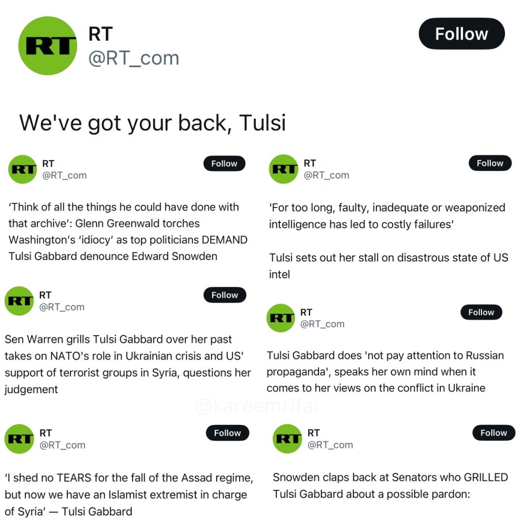 KareemRifai's tweet photo. Find someone who loves you as much as Russian state media loves Tulsi Gabbard. https://t.co/iQVFKqCVdL