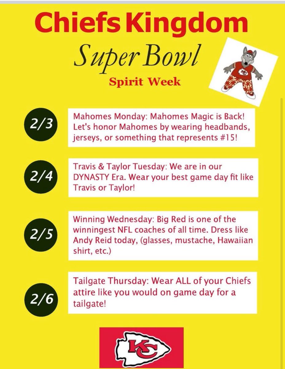 Arbor Creek Elem (@aceottersrock) on Twitter photo Hey Otters! Let’s show that Chiefs Spirit this week! Here is a Spirit Week Schedule! #chiefs <a href="/Chiefs/">Kansas City Chiefs</a> #OPSMakeTodayCount
<a href="/olatheschools/">Olathe Public Schools</a> Hey Otters! Let’s show that Chiefs Spirit this week! Here is a Spirit Week Schedule! #chiefs <a href="/Chiefs/">Kansas City Chiefs</a> #OPSMakeTodayCount
<a href="/olatheschools/">Olathe Public Schools</a>
