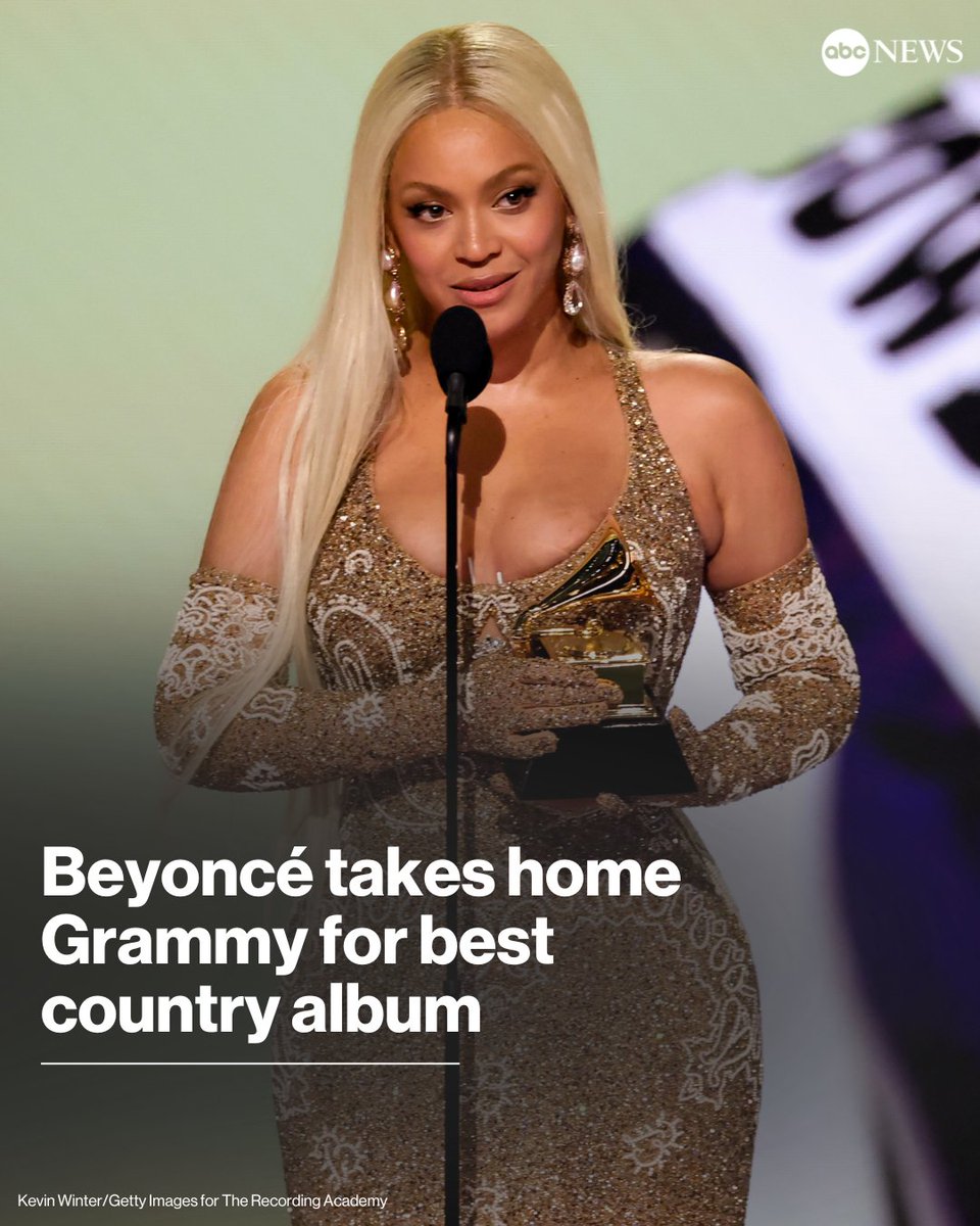 ABC's tweet photo. Beyoncé became the first Black woman to win a country Grammy in more than 50 years when she took home the win for best country album for "Cowboy Carter." The last time a Black woman won a country award at the Grammys was the Pointer Sisters in 1974.
https://t.co/hHQOmKbBPZ https://t.co/mxTFKbMGa8
