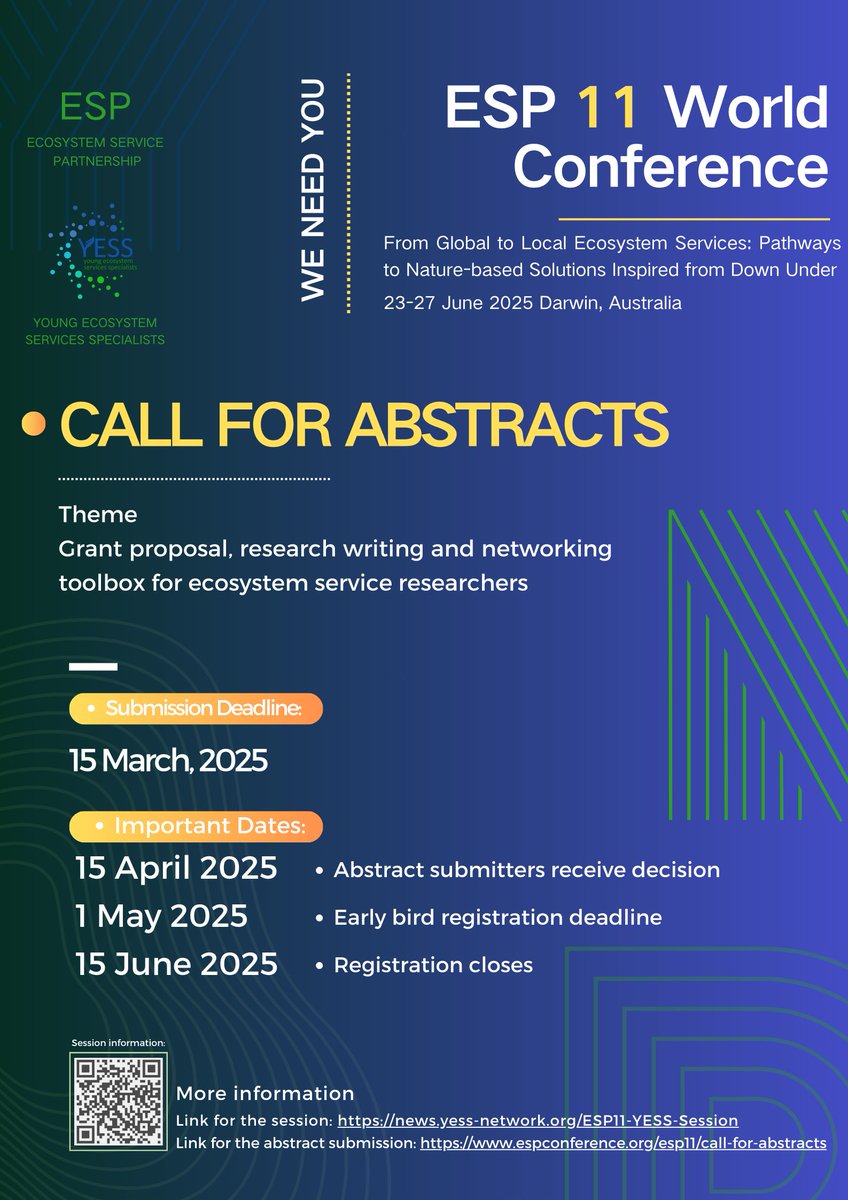 YESS (@yess_network) on Twitter photo Are you coming to the <a href="/ESPartnership/">Ecosystem Services Partnership</a> World Conference this year?
We warmly invite early-career and experienced researchers to join our O3 session to inspire the next generation of scientists and build our community! Session details: news.yess-network.org/YESS-ESP11 Are you coming to the <a href="/ESPartnership/">Ecosystem Services Partnership</a> World Conference this year?
We warmly invite early-career and experienced researchers to join our O3 session to inspire the next generation of scientists and build our community! Session details: news.yess-network.org/YESS-ESP11