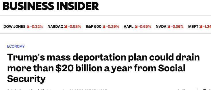 "Trump's mass deportation plan could drain more than $20 billion a year from Social Security," per BI.