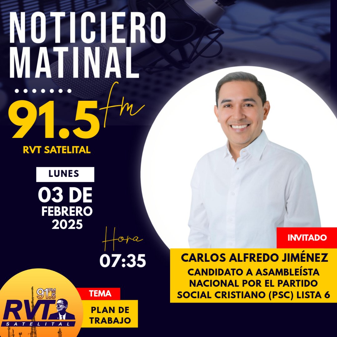 Un voto responsable es un voto informado

Ing. Carlos Alfredo Jiménez, candidato a  asambleísta nacional por el partido Social Cristiano - Lista 6, para conocer su propuesta política en caso de resultar elegido.

Este lunes 3 de febrero de 2025, a las 07:35.