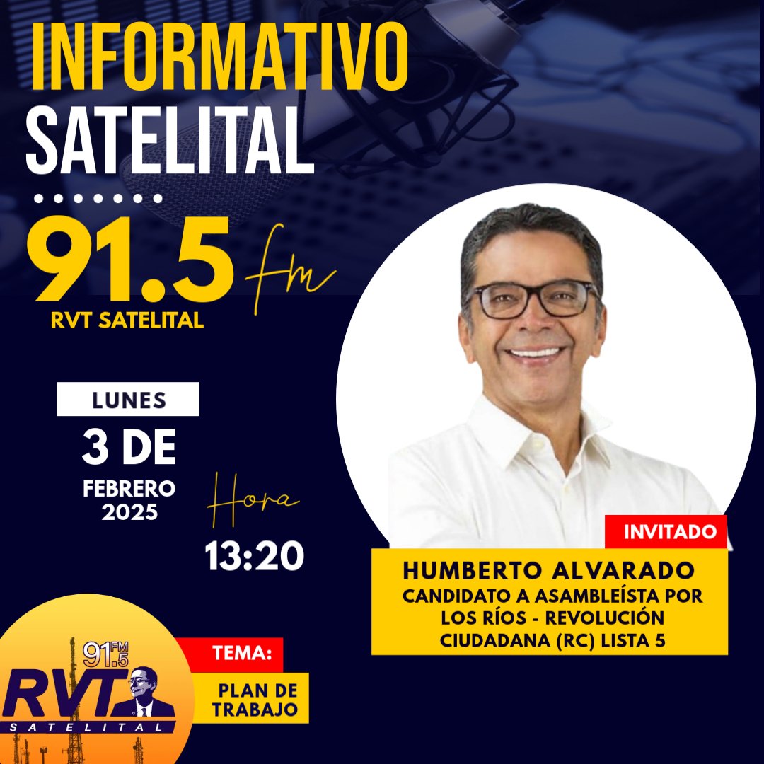 Un voto responsable es un voto informado.

Conoce las propuestas del Arq. Humberto Alvarado Espinel, candidato a asambleísta por la provincia de Los Ríos, Movimiento Revolución Ciudadana (RC), Lista 5.

Sigue la entrevista este lunes 3 de febrero a las 13:20.