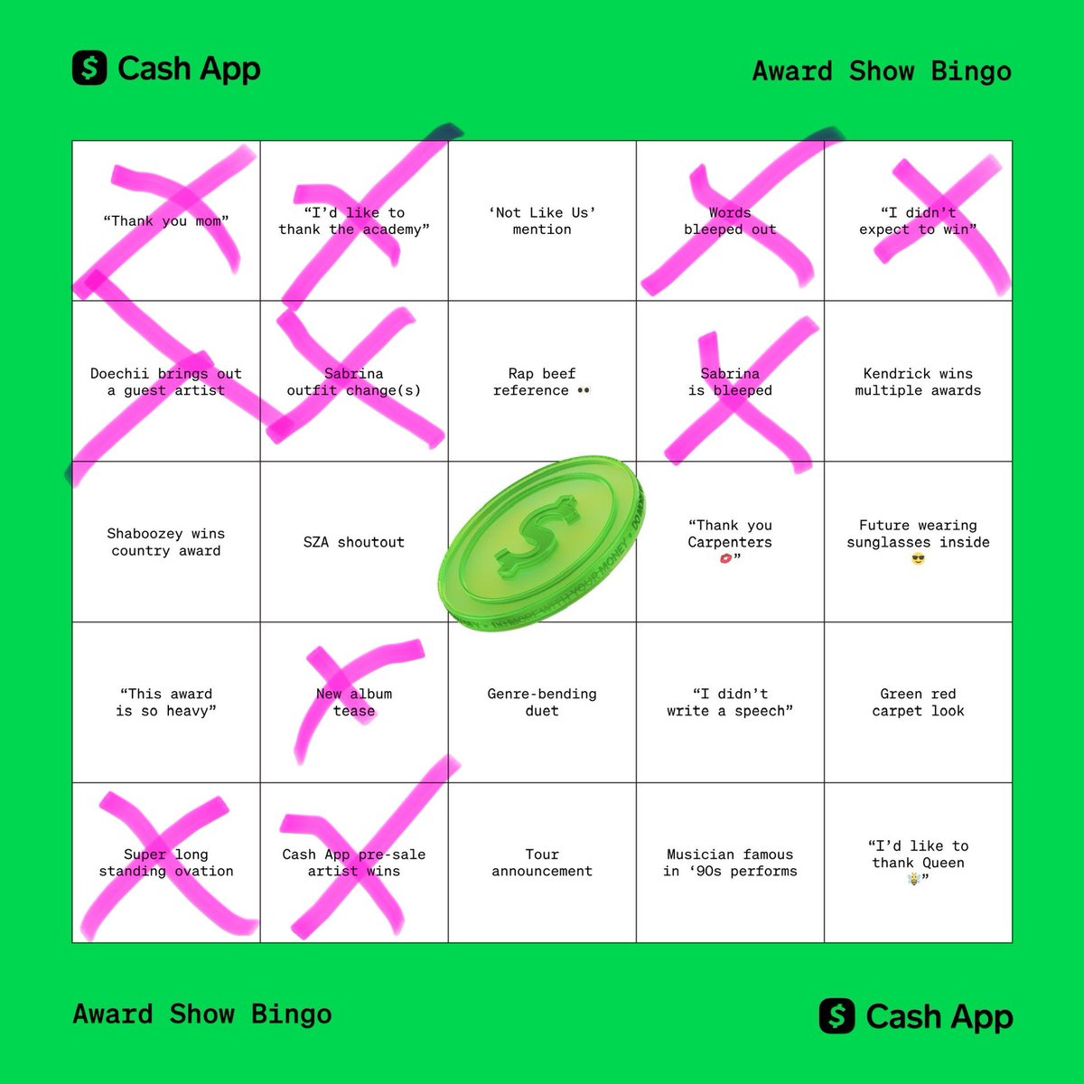 odessagrl's tweet photo. @CashApp $odessagrl #Grammys2025 #cashapp #awardshowbingo https://t.co/vLJrfcwCbz