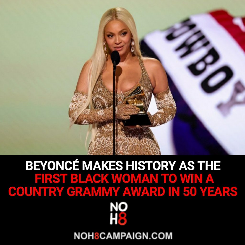 NOH8Campaign's tweet image. Beyoncé makes history as the first Black woman to win a Country Grammy Award in 50 years #NOH8