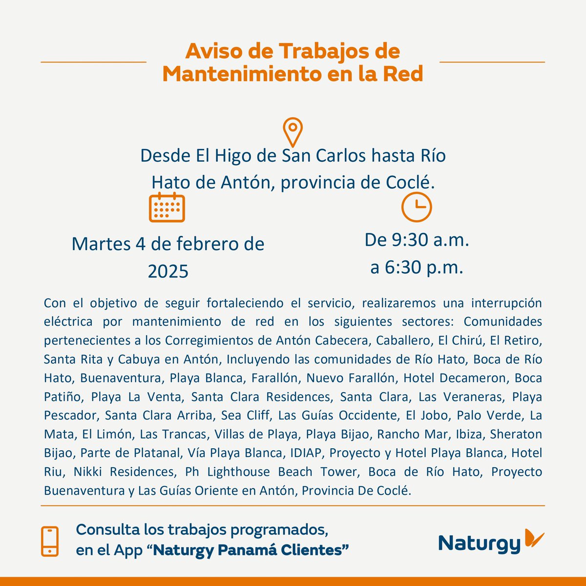 #ProvinciadeCoclé Trabajos de mantenimiento en la red para el día martes 4 de febrero desde El Higo de San Carlos hasta Río Hato de Antón. 
<a href="/RTCocle/">Retweet Provincias Centrales</a> <a href="/CocleTrafico/">CocléTráfico</a> <a href="/AntonPty/">Distrito de Antón</a> <a href="/TraficologoO/">Traficologo Oeste</a>