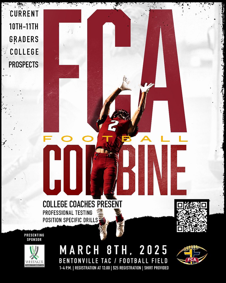 Attention HS Football Prospects!    Don’t miss this Elite Combine to display your best in front of college coaches! 

Register today- Scan the QR Code or click on the registration link.

fca.regfox.com/2025nwafootbal…