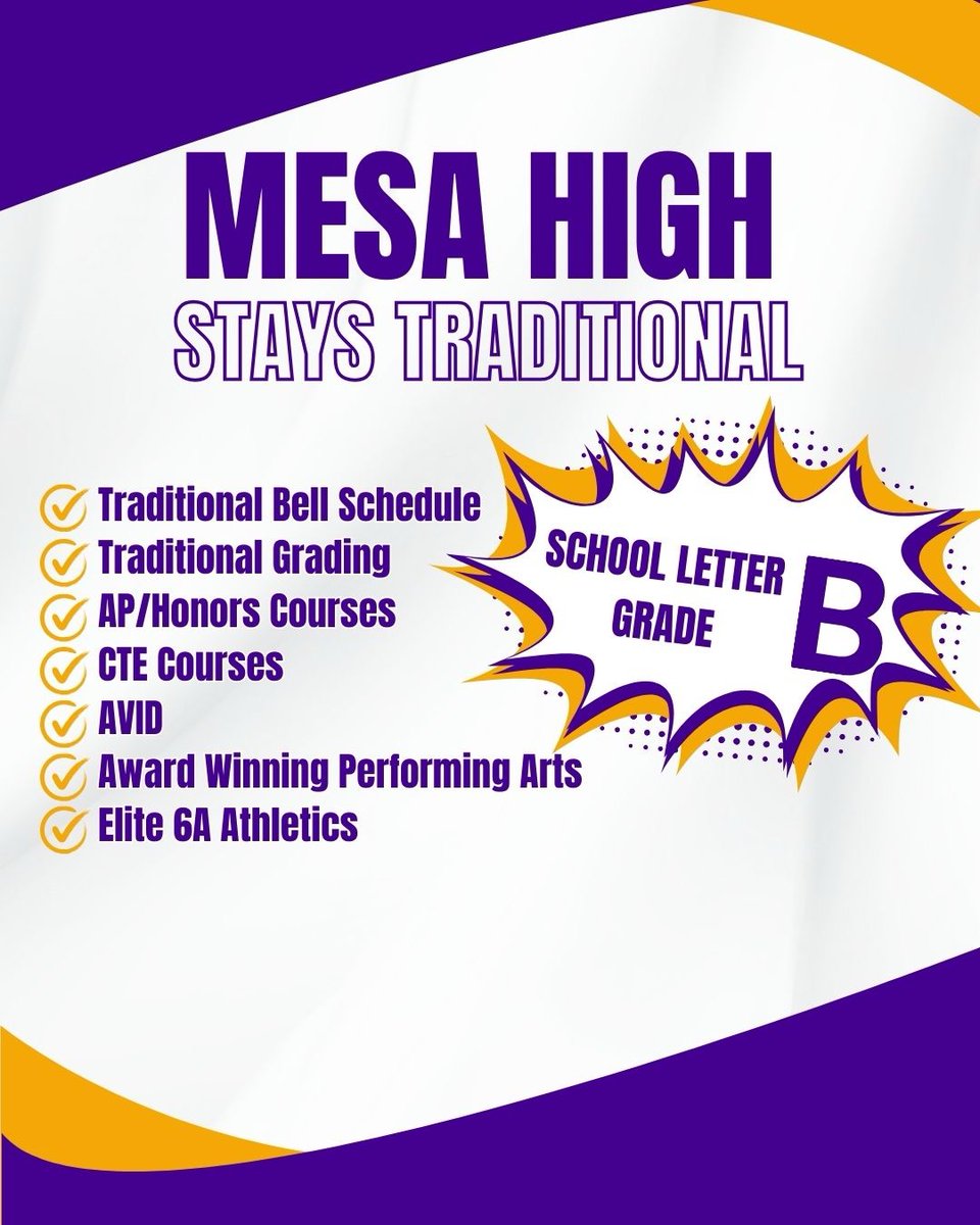 Tradition meets excellence for the 25-26 school year
🔔 Traditional Bell Sched.
📝 Traditional Grading
🎓 AP/Honors Courses
🔧 CTE Pathways
🎯 AVID Program
🎭 Performing Arts
⚽ Elite Athletics
Rooted in tradition. Driven by success. 💜💛 #MesaHigh #CarryOn #TraditionOfExcellence