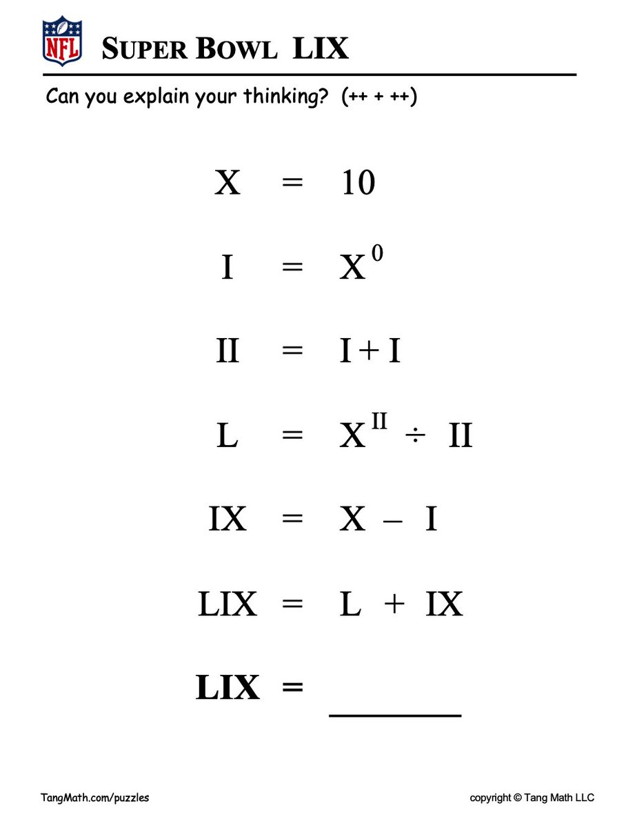 Do your students know Roman Numerals? Not sure if kids still learn them anymore. Just wrote a few K-5 pictarithms to teach them some of the symbols. Got to get ready for the Super Bowl!
TangMath.com/puzzles