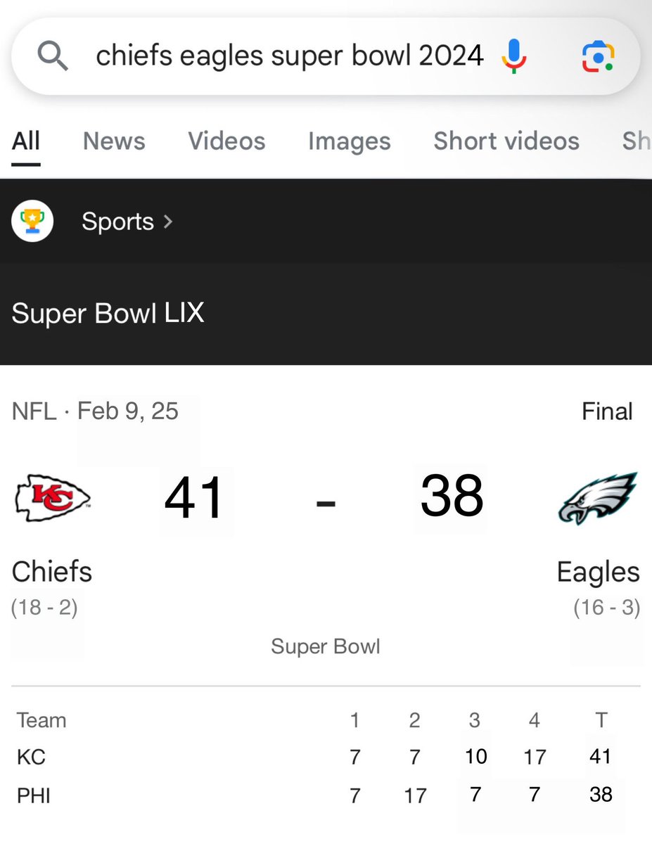MLFootball's tweet photo. 🚨BREAKING: THE #EAGLES - #CHIEFS SUPER BOWL SCORE WAS LEAKED…?

41-38, ending in dramatic fashion.

👀👀👀 https://t.co/mmlH1N4oID