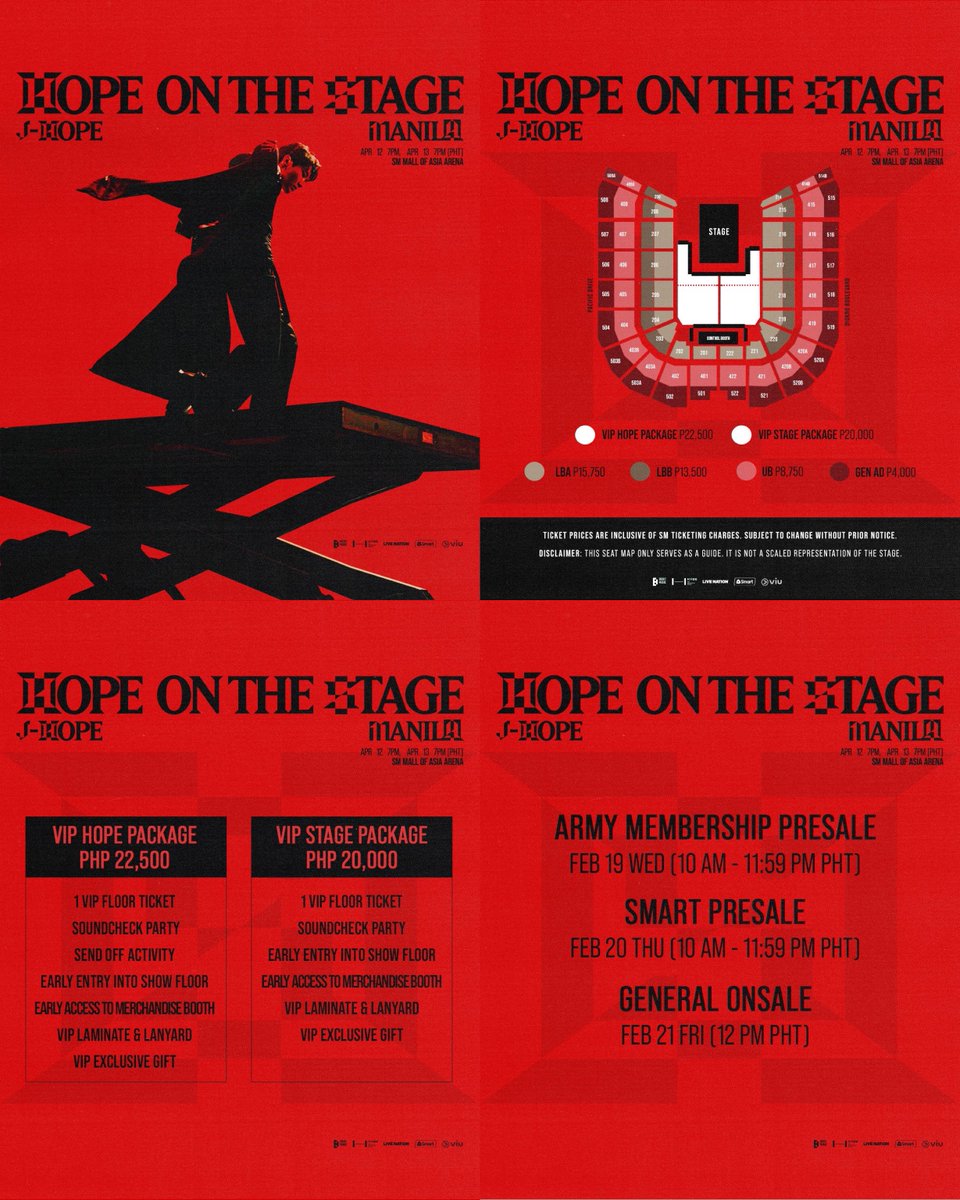 Philippine Concerts (@philconcerts) on Twitter photo J-HOPE returns to the ๐ต๐ญ concert stage on April 12 -13 at the MOA Arena!
j-hope Tour #HOPE_ON_THE_STAGE_TOUR_Manila tickets are priced from 4000 to 22500 and go on sale on Feb. 19 (ARMY Presale), Feb. 20 (SMART Presale), and Feb. 21 (General).
#HOS_TOUR_Manila <a href="/livenationph/">Live Nation PH</a> J-HOPE returns to the ๐ต๐ญ concert stage on April 12 -13 at the MOA Arena!
j-hope Tour #HOPE_ON_THE_STAGE_TOUR_Manila tickets are priced from 4000 to 22500 and go on sale on Feb. 19 (ARMY Presale), Feb. 20 (SMART Presale), and Feb. 21 (General).
#HOS_TOUR_Manila <a href="/livenationph/">Live Nation PH</a>