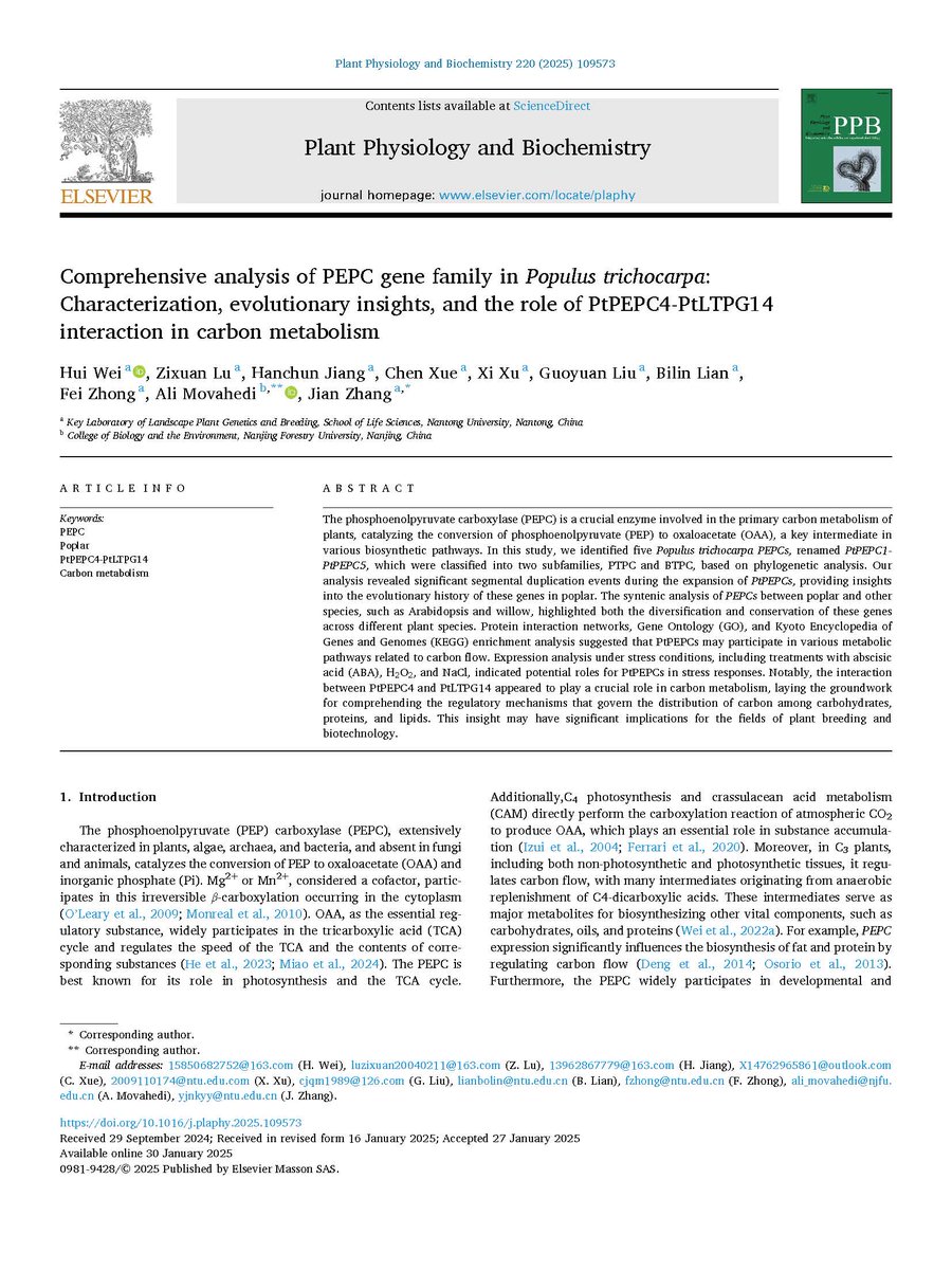 authors.elsevier.com/c/1kXxb3VH9XHY…
This study identifies and characterizes five phosphoenolpyruvate carboxylase (PEPC) genes in #Populustrichocarpa, named PtPEPC1-PtPEPC5, which are classified into two subfamilies (PTPC and BTPC) based on phylogenetic analysis.