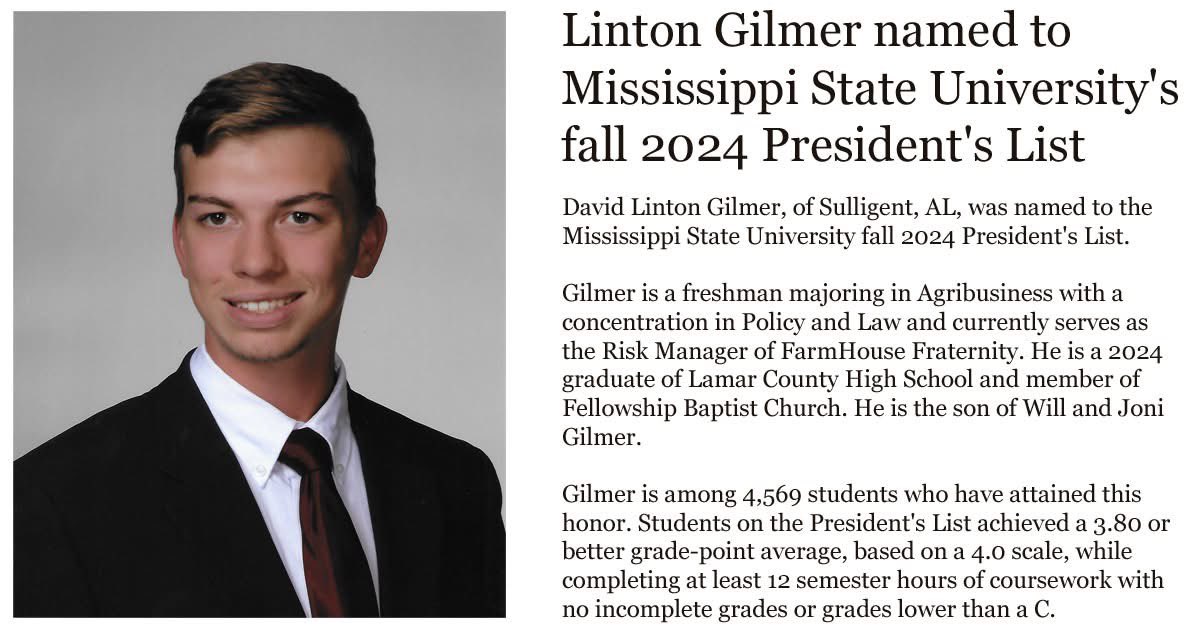 willgilmer40's tweet photo. Super proud of @GilmerLinton for making the President’s List at @msstate his first semester! https://t.co/MvgZht8k7C