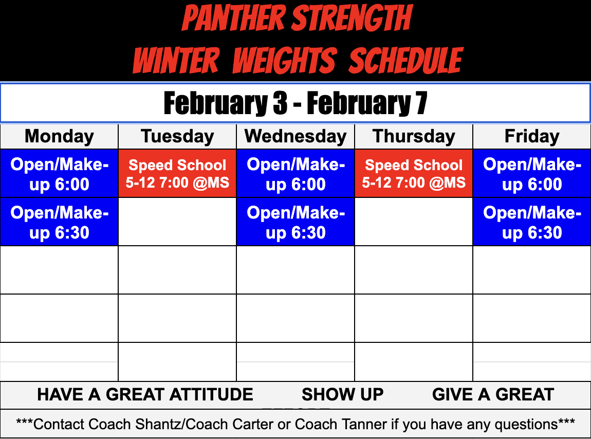 Weight schedule for the week. If you missed an AE class you can make up during these times.
