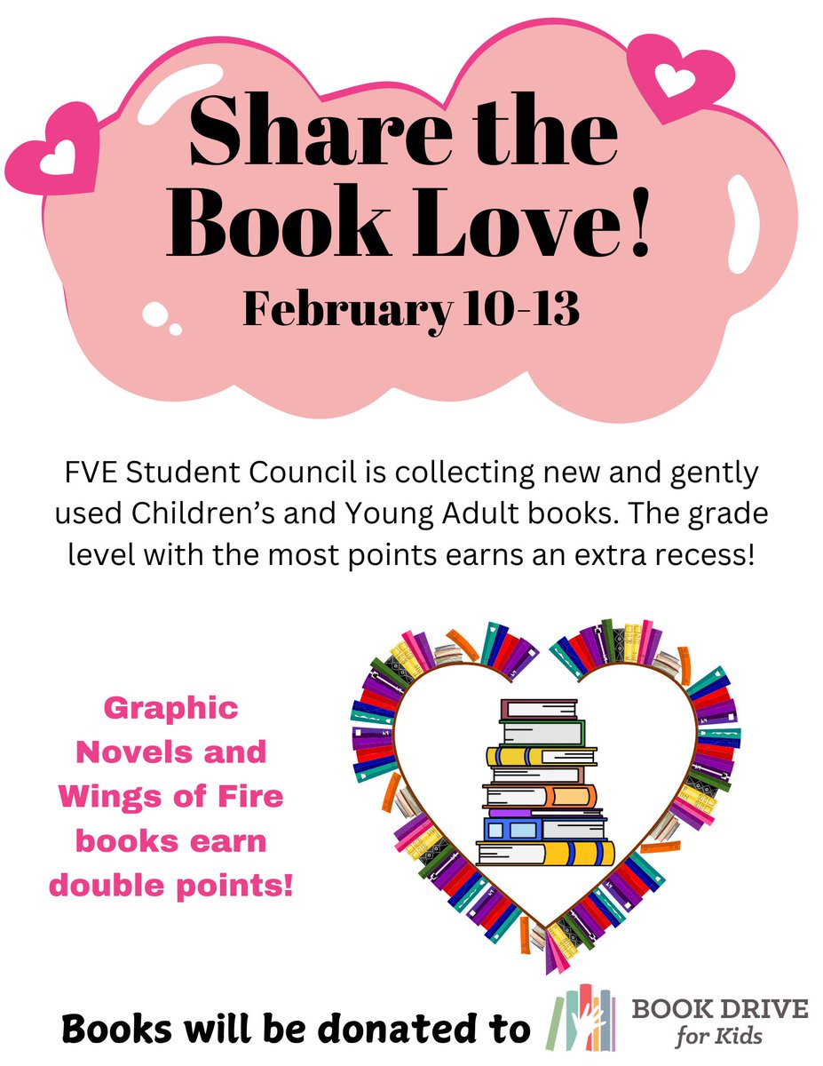 forestvistapta's tweet photo. Let’s help our @FveStuCo collect new &amp; gently used Children’s and Young Adult books. These books will be donated to Book Drive for Kids.

The FVE grade level with most books will earn extra recess. Graphic novels &amp; Wings of Fire novels will earn double.

Let’s do this. #FVEeagles https://t.co/MStvG6q26T