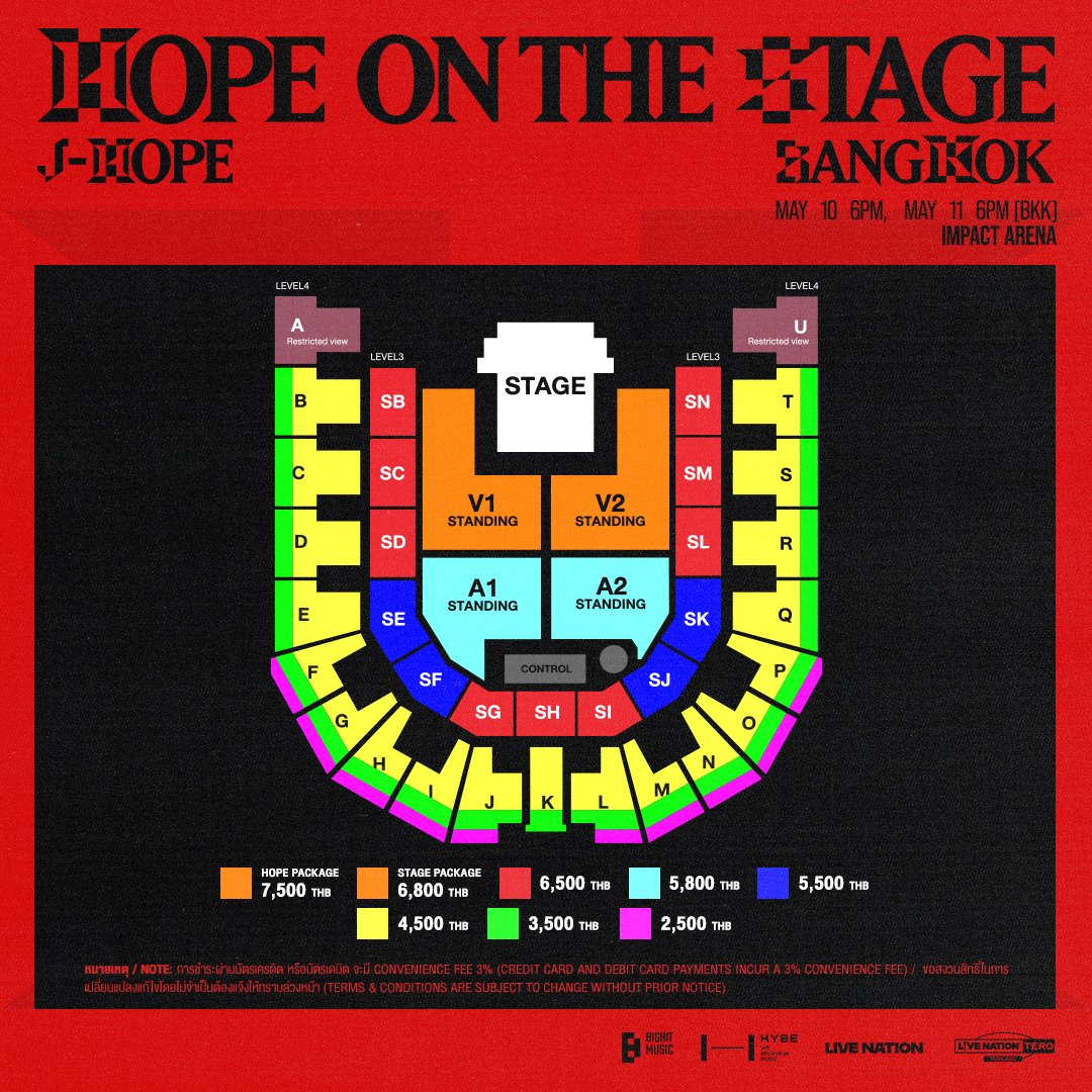 _candyclover's tweet photo. #HOPE_ON_THE_STAGE_TOUR_Bangkok

- ARMY Membership Presale: 19 ก.พ.*
- LNT Presale: 20 ก.พ.*
- รอบทั่วไป: 21 ก.พ.**
กดคิว 9:00 น. เปิดจำหน่าย 10:00 น.
* จำกัด 2 ใบต่อรหัสสมาชิก
** จำกัด 4 ใบต่อการสั่งซื้อ 1 ครั้ง

ราคาบัตร: 7,500 (VIP) / 6,800 (VIP) / 6,500 / 5,800 / 5,500 / 4,500 / 3,500 / 2,500

HOPE PACKAGE (7,500 บาท) 
- บัตรยืน ราคา 6,800 บาท (1 ใบ)
- สิทธิ์เข้าร่วม SOUNDCHECK
- สิทธิ์เข้าร่วมกิจกรรม SEND OFF
- สิทธิ์เข้าพื้นที่การแสดงก่อนเป็นกลุ่มแรก 
- สิทธิ์ซื้อของที่ระลึกก่อน
- ป้ายและสายห้อยที่ระลึก
- ของที่ระลึกสำหรับ VIP

HOPE PACKAGE (6,800 บาท) 
- บัตรยืน ราคา 6,800 บาท (1 ใบ)
- สิทธิ์เข้าร่วม SOUNDCHECK
- สิทธิ์เข้าพื้นที่การแสดงก่อนเป็นกลุ่มที่สอง 
- สิทธิ์ซื้อของที่ระลึกก่อน
- ป้ายและสายห้อยที่ระลึก
- ของที่ระลึกสำหรับ VIP

https://t.co/v8zPmijkJD