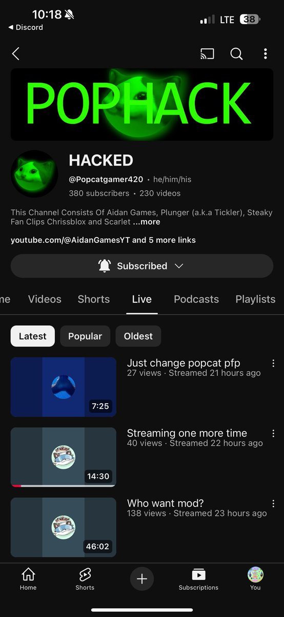 As you guys may know several individuals have hacked Popcat gamer’s YT channel. However, I won’t tolerate this kind of behavior in my community and I will be canceling those involved.