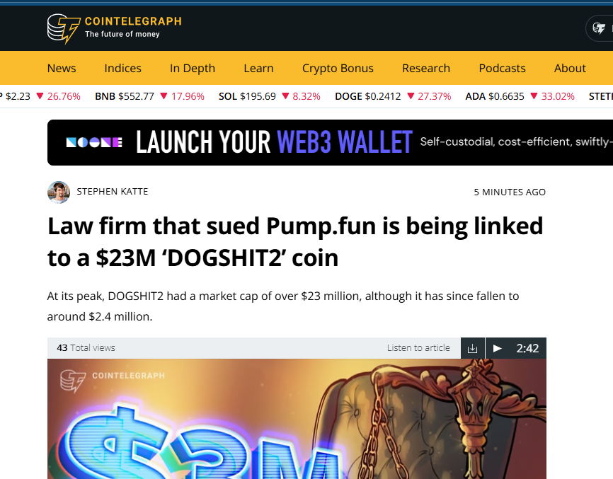 🚨🚨<a href="/Cointelegraph/">Cointelegraph</a>: Lawfirm that sued Pump.Fun is linked to the token @DOGSHIT2SOL
