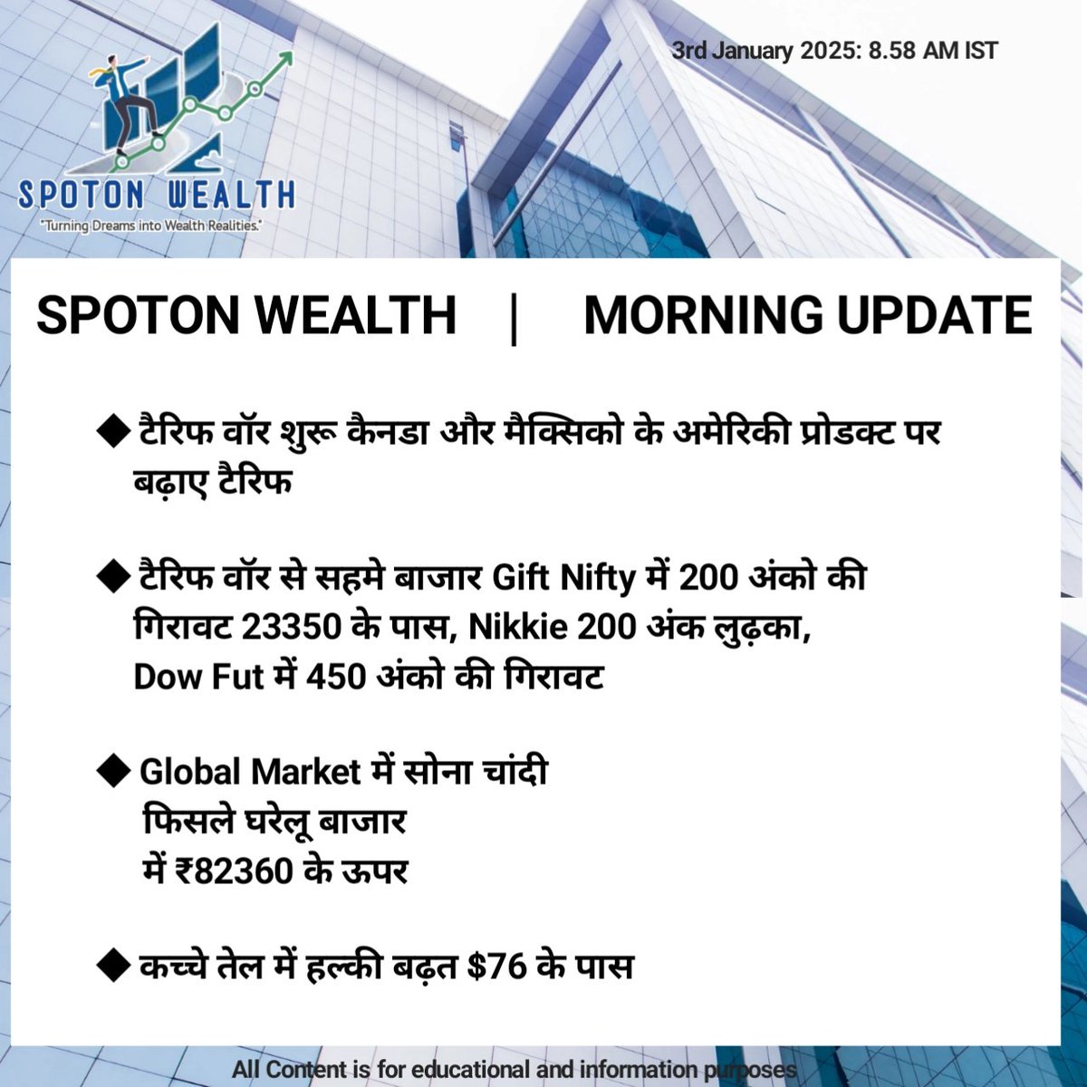 SPOTONWEALTH's tweet photo. Spoton Wealth Stock market Update

#stockmarketupadate
#spotonwealth #giftnifty #indianstockmarket #dowjonesindustrialaverage https://t.co/1oSZLzX4wz