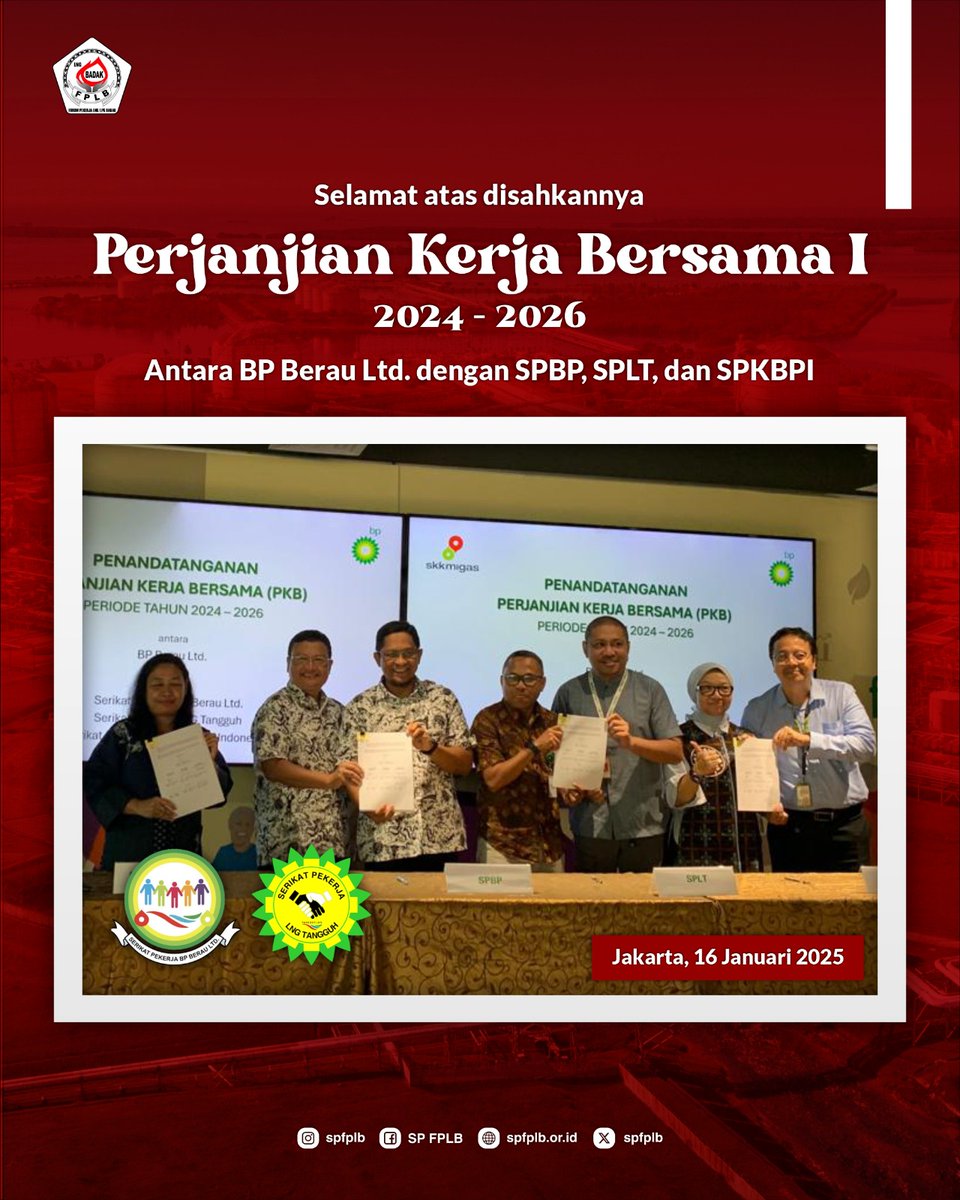 spfplb's tweet photo. Selamat atas disahkannya Perjanjian Kerja Bersama (PKB) 1 periode 2024 - 2026 antara BP Berau Ltd. dengan SPBP, SPLT, dan SPKBPI.

Semoga dengan PKB ini hubungan industrial antara perusahaan dengan pekerja semakin erat dan produktivitas semakin meningkat! https://t.co/VIWBWfPTDv