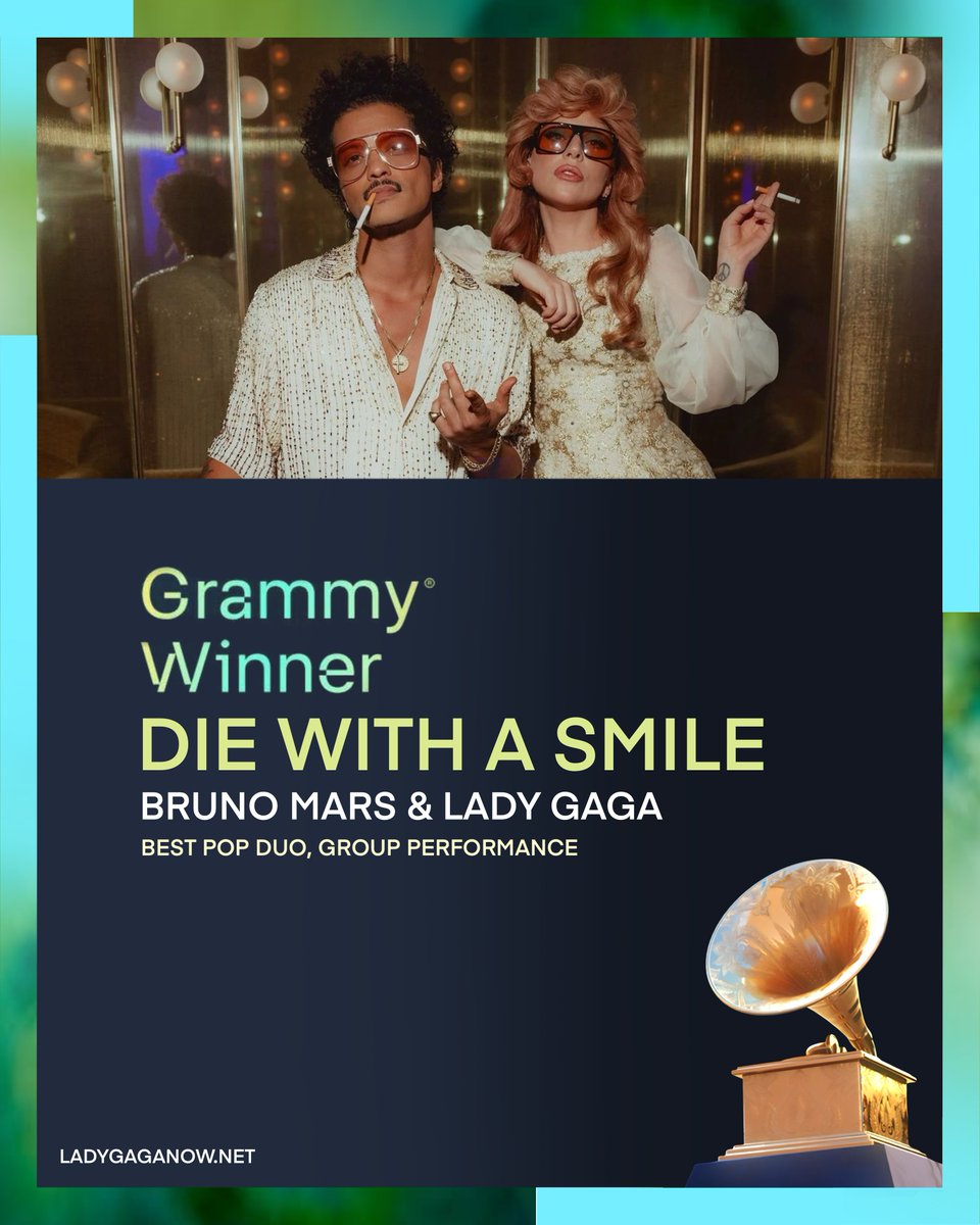 "Die With a Smile" has just won the Grammy for Best Pop Duo/Group Performance. This marks Lady Gaga's 14th Grammy Award and Bruno Mars' 16th. #GRAMMYs