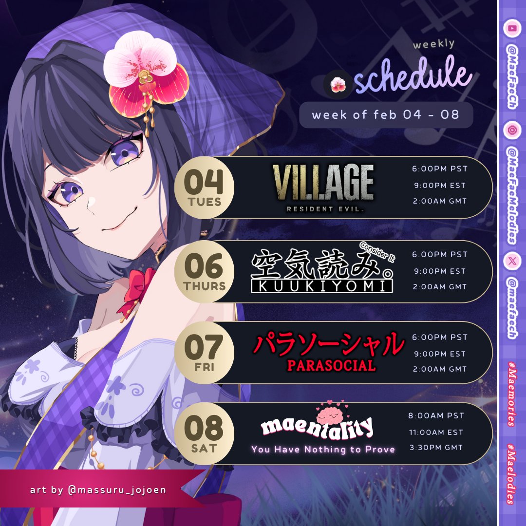 MaeFae's tweet photo. 📅 𝐓𝐡𝐢𝐬 𝐖𝐞𝐞𝐤’𝐬 𝐒𝐜𝐡𝐞𝐝𝐮𝐥𝐞 📅
#MaeDay! Another exciting week.
🌸https://t.co/MQ1OulaF7X🌸
「 Tags 」
🧚 GENERAL: #MaeFae
🤣 CLIPS / MEMES: #Maemories
🎵 MUSIC: #Maelodies
🎨 ART: #Maesterpieces https://t.co/1kPoSmuPik