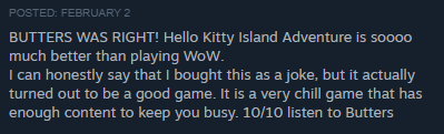 galaxyraen's tweet photo. Every review on Steam for Hello Kitty Island Adventure mentions Butters and World of Warcraft and honestly, I don't think Matt Stone &amp; Trey parker could've set this up any more serendipitously. #southpark #HelloKittyIslandAdventure https://t.co/F8J6NZ8Pem