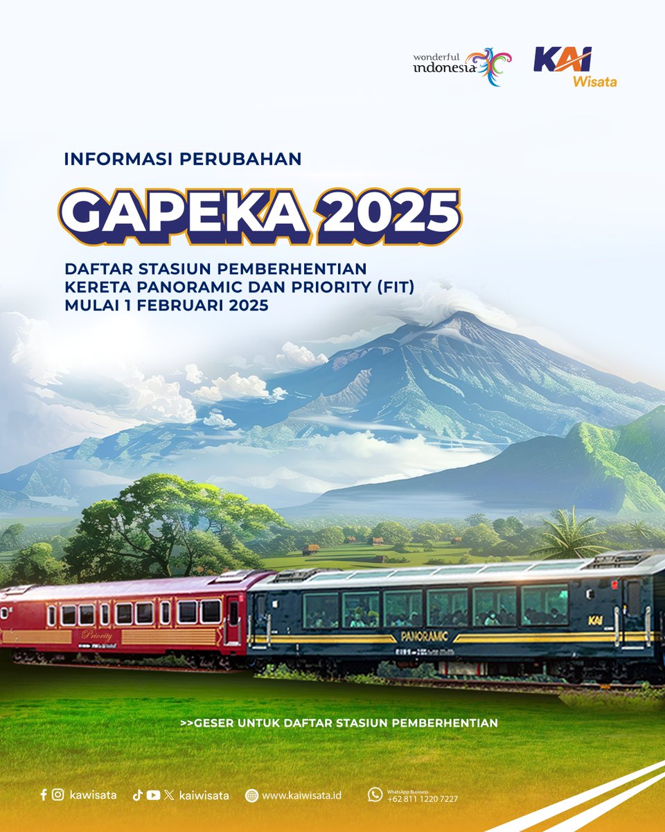 kaiwisata's tweet photo. ✨ INFO TERBARU GRAFIK PERJALANAN KERETA API (GAPEKA) 2025📷 #HaiSahabatKawisataMulai 1 Februari 2025, ada perubahan daftar stasiun pemberhentian untuk Kereta Panoramic dan Kereta Priority (FIT) #GAPEKA2025 #KAIWisata #WonderfulIndonesia #KeretaApi #PanoramicTrain #PriorityTrain https://t.co/kS2R8yIFfc