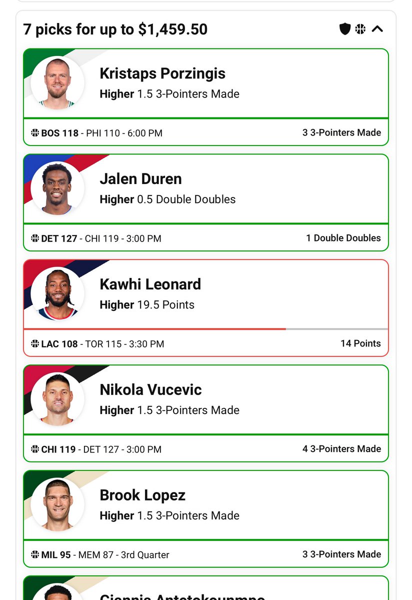 nobsbets's tweet photo. Insane 8-1 day. Kawhi sells the 🧹
✅✅✅✅✅✅✅✅❌
Duren dd ✅ 25pr ✅
Kawhi pr❌ 7 ra ✅
Giannis 6 assists ✅
Bane 20 points ✅
Brook 1.5 3pm ✅
Giddey 7 rebounds ✅
Cade 16 ra ✅
#draftings #DFS #dabble #GambingTwitter #GamblingX #NBA #nflbets #prizpicks #prizepicklocks https://t.co/s4isTip7zG