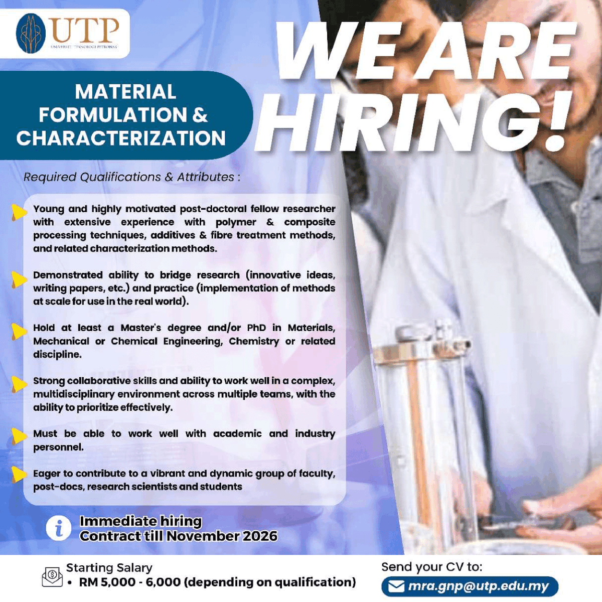 UTPOfficial's tweet photo. We're Hiring! Material Formulation &amp; Characterization Post-Doctoral Fellow

Apply Now:

Send your CV to mra.gnp@utp.edu.my

#UTPinMe #Hiring #PostDoc #MaterialsScience #Polymer #Composite #Research #Engineering #Chemistry #Academic   #Innovation #CareerOpportunities #Malaysia https://t.co/zQsCPf5TwM