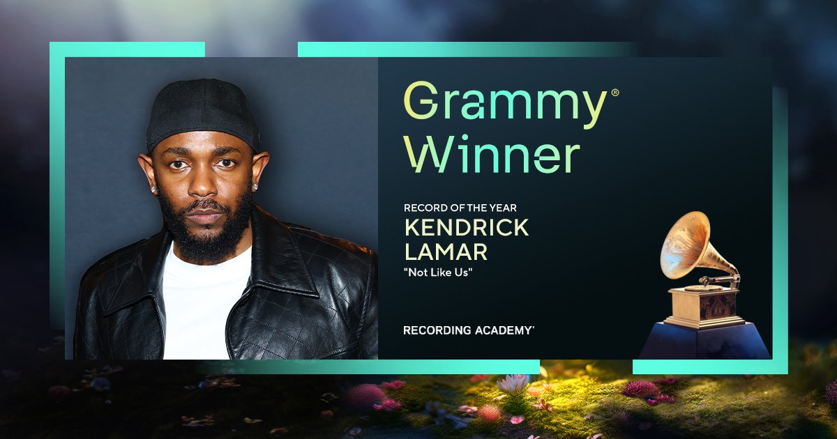 RecordingAcad's tweet image. Congrats Record of the Year winner - "Not Like Us" – @kendricklamar #GRAMMYs