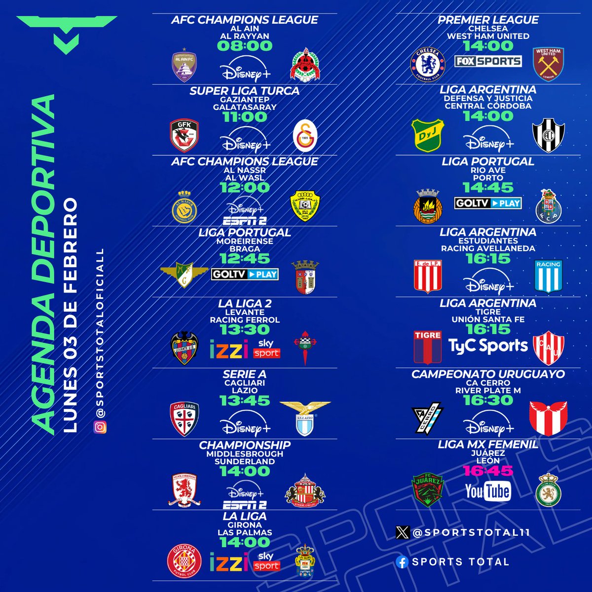 SportsTOTAL11's tweet photo. Esto es lo que tendremos en la agenda del día de este #iniciodesemana
.
#SportsTotal #LaCasaDelFutbol #AgendaFutbolera #LigaBBVAMX
#TransmisionEnVivo #AgendaDeportiva #NFL #AgendaFutbolistica https://t.co/nHPeJhrIdU