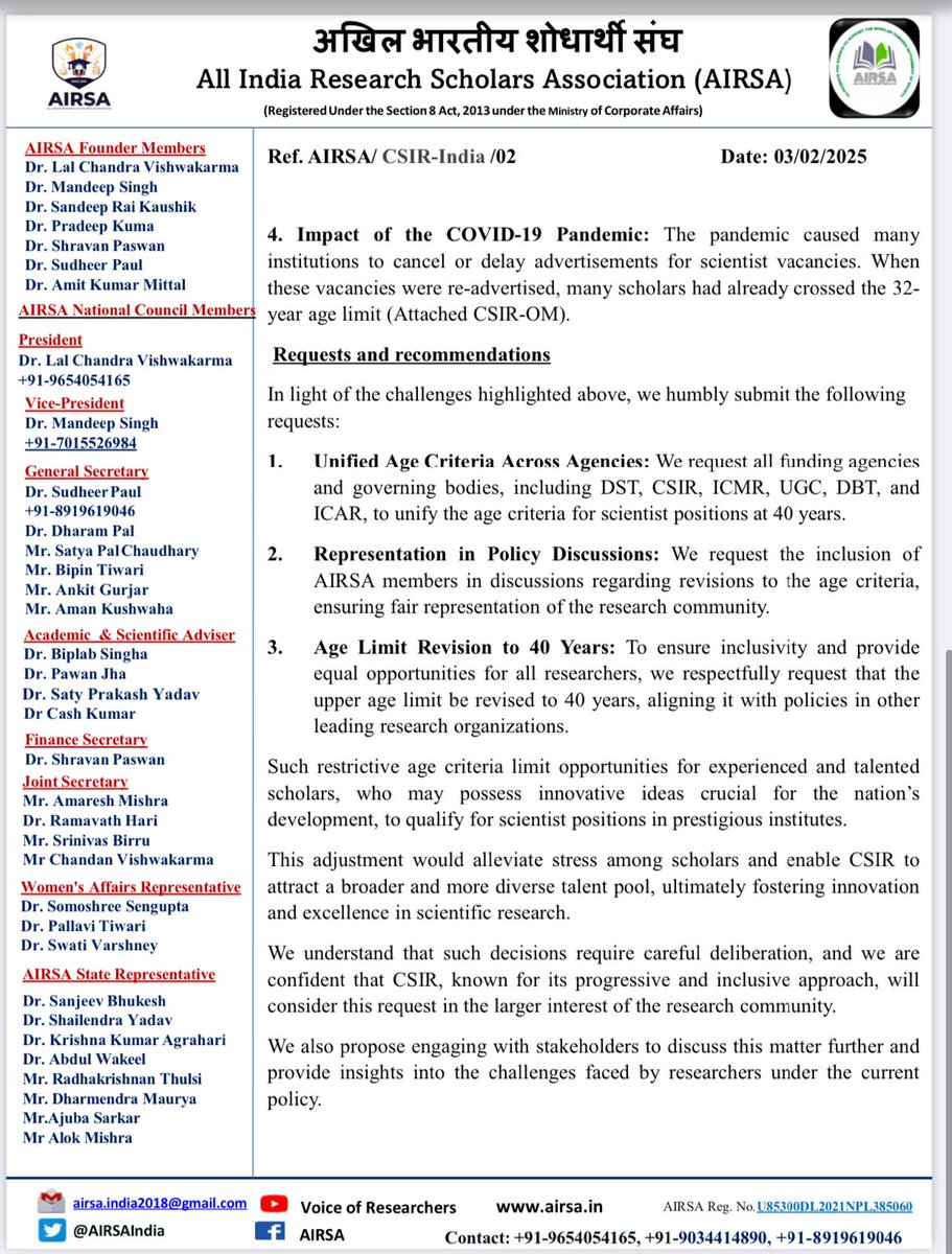 AIRSAIndia's tweet image. Request for Revision of Age Limit (32 Years) for Scientist Positions in CSIR Institutions @DrJitendraSingh
Indian researchers urge @CSIR_IND to revise the age limit for scientist positions to ensure fair opportunities for early-career scientists #ScienceForIndia #AgeLimitReform