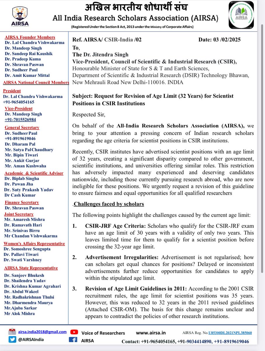 AIRSAIndia's tweet image. Request for Revision of Age Limit (32 Years) for Scientist Positions in CSIR Institutions @DrJitendraSingh
Indian researchers urge @CSIR_IND to revise the age limit for scientist positions to ensure fair opportunities for early-career scientists #ScienceForIndia #AgeLimitReform