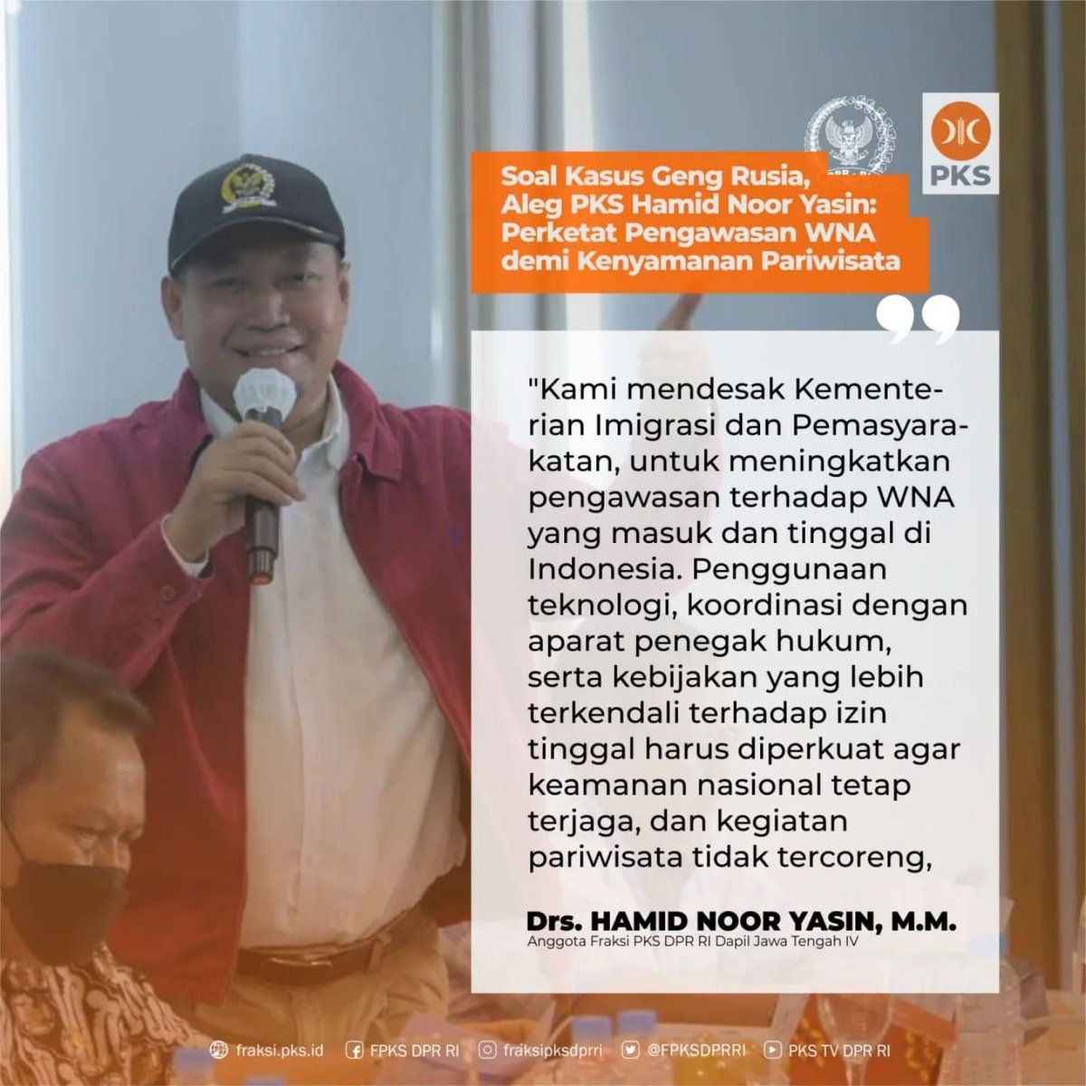 PKSejahtera's tweet photo. Soal Kasus Geng Rusia, Aleg PKS Hamid Noor Yasin : Perketat Pengawasan WNA demi Kenyamanan Pariwisata

"Kasus ini menjadi peringatan bagi pemerintah untuk lebih waspada terhadap potensi ancaman dari kelompok kriminal asing di Indonesia," ~Hamid Noor

https://t.co/00vzqJ4wam https://t.co/tfickhJPdj