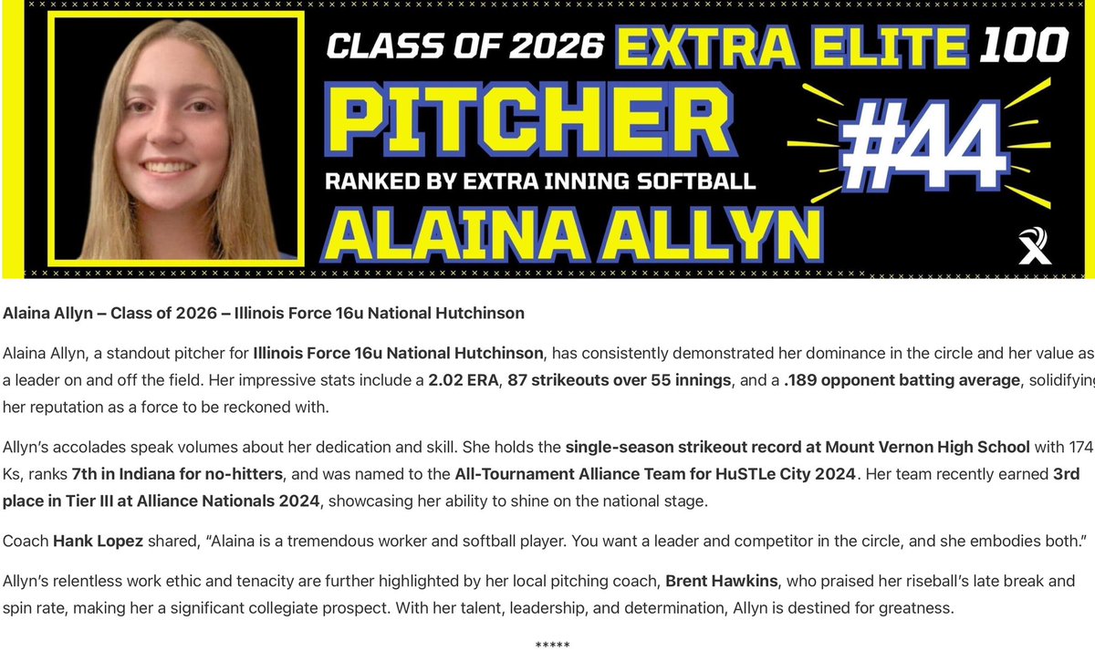 So thankful for <a href="/ExtraInningSB/">EXTRA INNING SOFTBALL</a> selecting me as the 44th pitcher in the Class of 2026 among so many talented players! Still have more room for growth! <a href="/FootDoctor_Esia/">Esia Rivera</a> <a href="/TopPreps/">TOP PREPS @TopPreps | X | Sports News & Recruiting</a> <a href="/los_stuff/">Carlos Arias</a> <a href="/SBRRetweets/">Softball Recruiting Reposts</a> <a href="/PrepSoftball/">Prep Softball 🥎</a> <a href="/D1Softball/">D1Softball</a> <a href="/Sports_Recruits/">SportsRecruits</a> <a href="/TAProfileAPP/">TAP APP</a> <a href="/LegacyLegendsS1/">Legacy & Legends Softball</a>