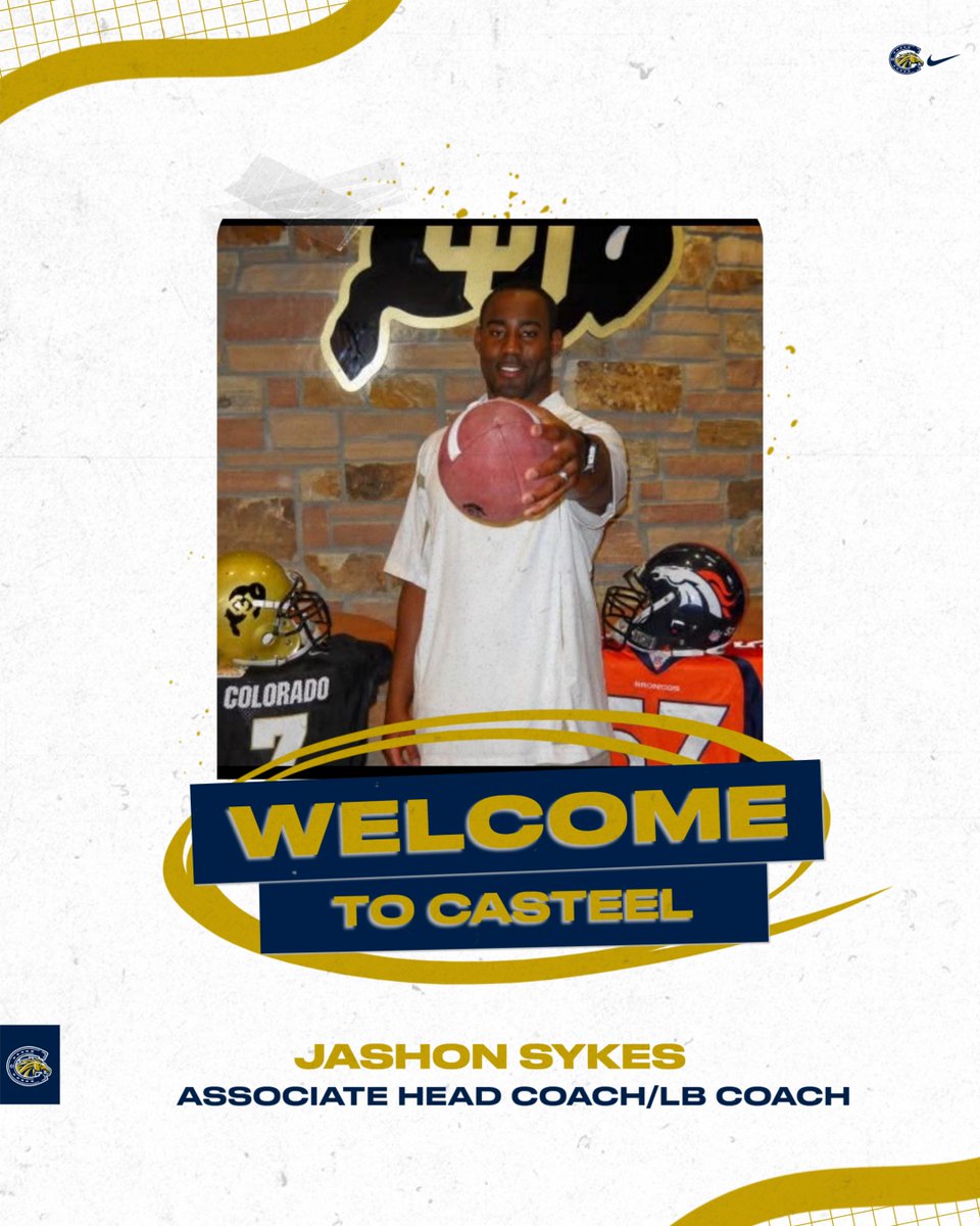 Casteel Football (@casteelfootball) on Twitter photo Thrilled to announce Jashon Sykes as our Associate Head Coach & LB Coach! Coach Sykes played at Colorado and for the Broncos and Redskins. He has worked at the college level as Director of Football Operations.
#PoundTheRock
<a href="/JoeBushman5/">Joe Bushman</a> <a href="/CasteelAthletic/">Casteel Athletics</a> <a href="/casteeltdclub/">Casteel TD Club</a> Thrilled to announce Jashon Sykes as our Associate Head Coach & LB Coach! Coach Sykes played at Colorado and for the Broncos and Redskins. He has worked at the college level as Director of Football Operations.
#PoundTheRock
<a href="/JoeBushman5/">Joe Bushman</a> <a href="/CasteelAthletic/">Casteel Athletics</a> <a href="/casteeltdclub/">Casteel TD Club</a>