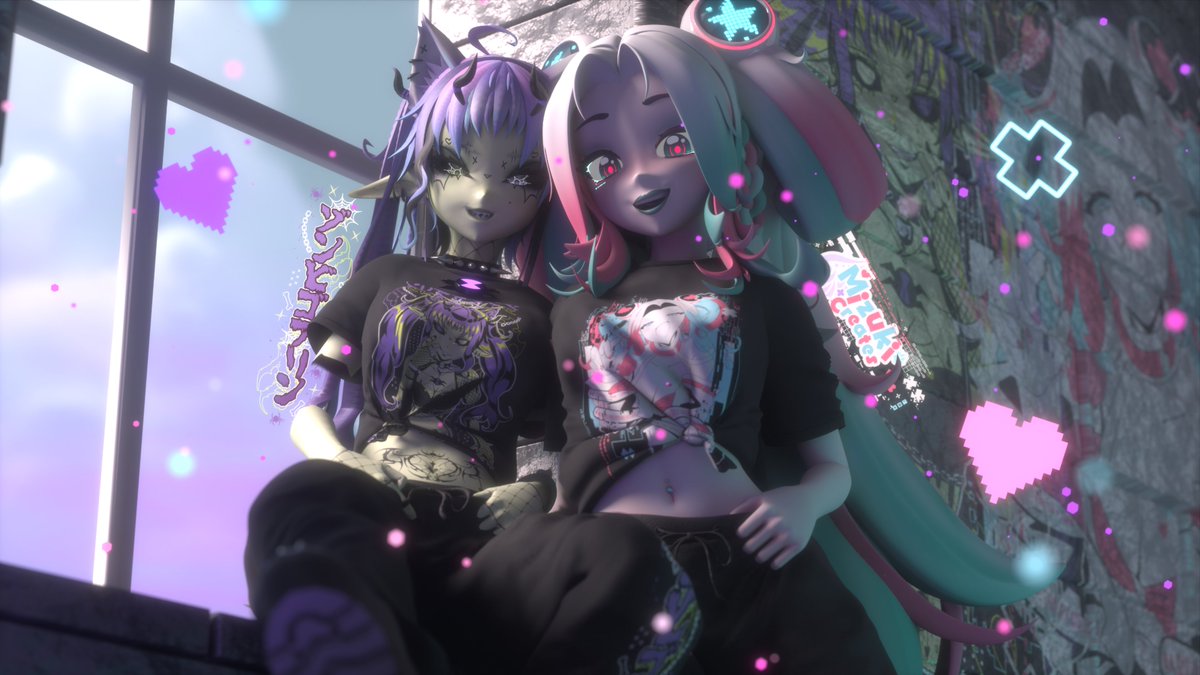 Besties twining their <a href="/shopuwumarket/">UwU Market</a> merch!!!

Congrats to <a href="/pixi_meat/">Pixi Meat 🇳🇿 zombitrix goblin 3Dvtuber</a> on her newest Merch Drop!!!