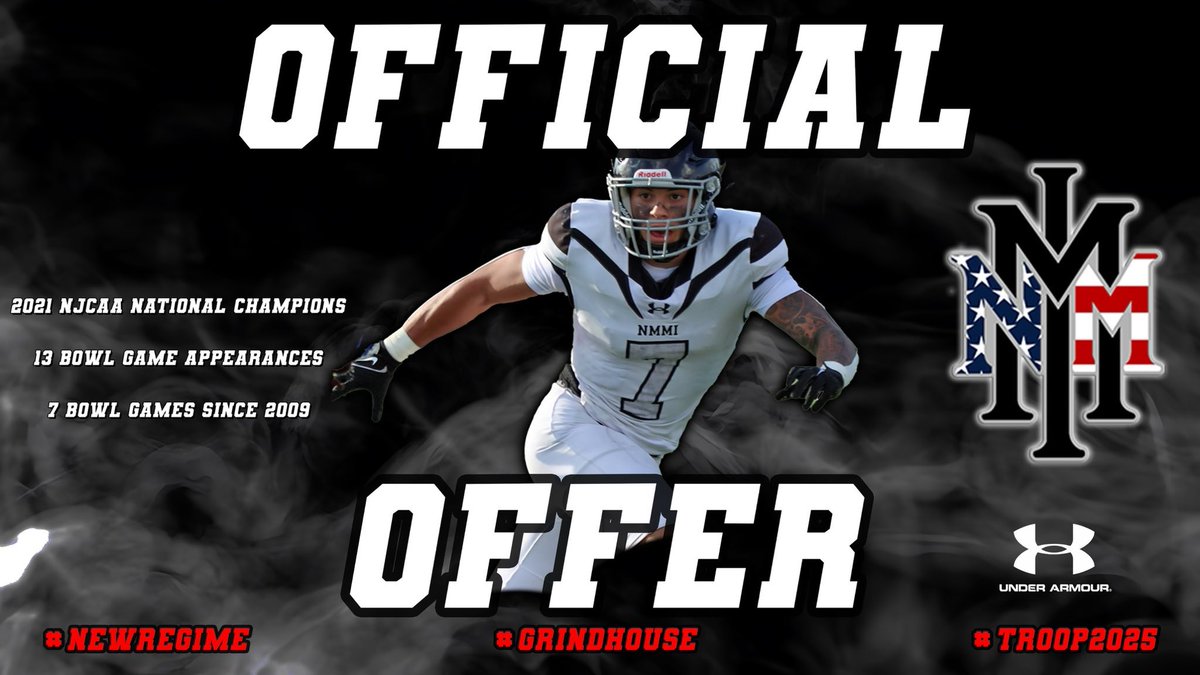 #BLESSED to receive a Full Ride scholarship from <a href="/nmmibroncos/">NMMI Football</a>.
<a href="/Coach_Hendrix1/">Hendrix</a> 

<a href="/Coach_AJSatt/">AJ Sattinger</a> <a href="/CoachSmarwt/">Kelvin Smarwt Sr</a>