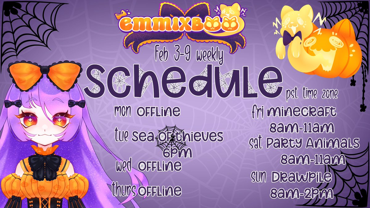 EmmixBoo's tweet photo. 🎃👻stream schedule Feb 3-9🎃👻 
Twitch: https://t.co/Xu62zqukjC
collabs with @StarbriteVT @Spud_Father @HowlettLIVE 
can't wait to lie, steal, and start fights on Sea of Thieves mwahaha >:3 https://t.co/hiFCiIkLW8