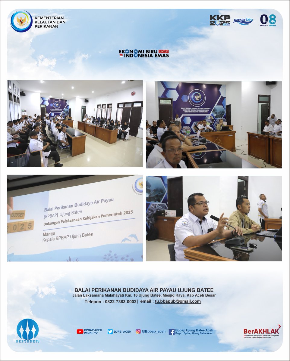 bpbapub's tweet photo. Seluruh pegawai Balai Perikanan Budidaya Air Payau (BPBAP) Ujung Batee menggelar apel pagi yang dilanjutkan dengan sosialisasi kebijakan penghematan anggaran Tahun Anggaran 2025. Kegiatan ini berlangsung di Auditorium Malahayati. https://t.co/liZv43WyxZ