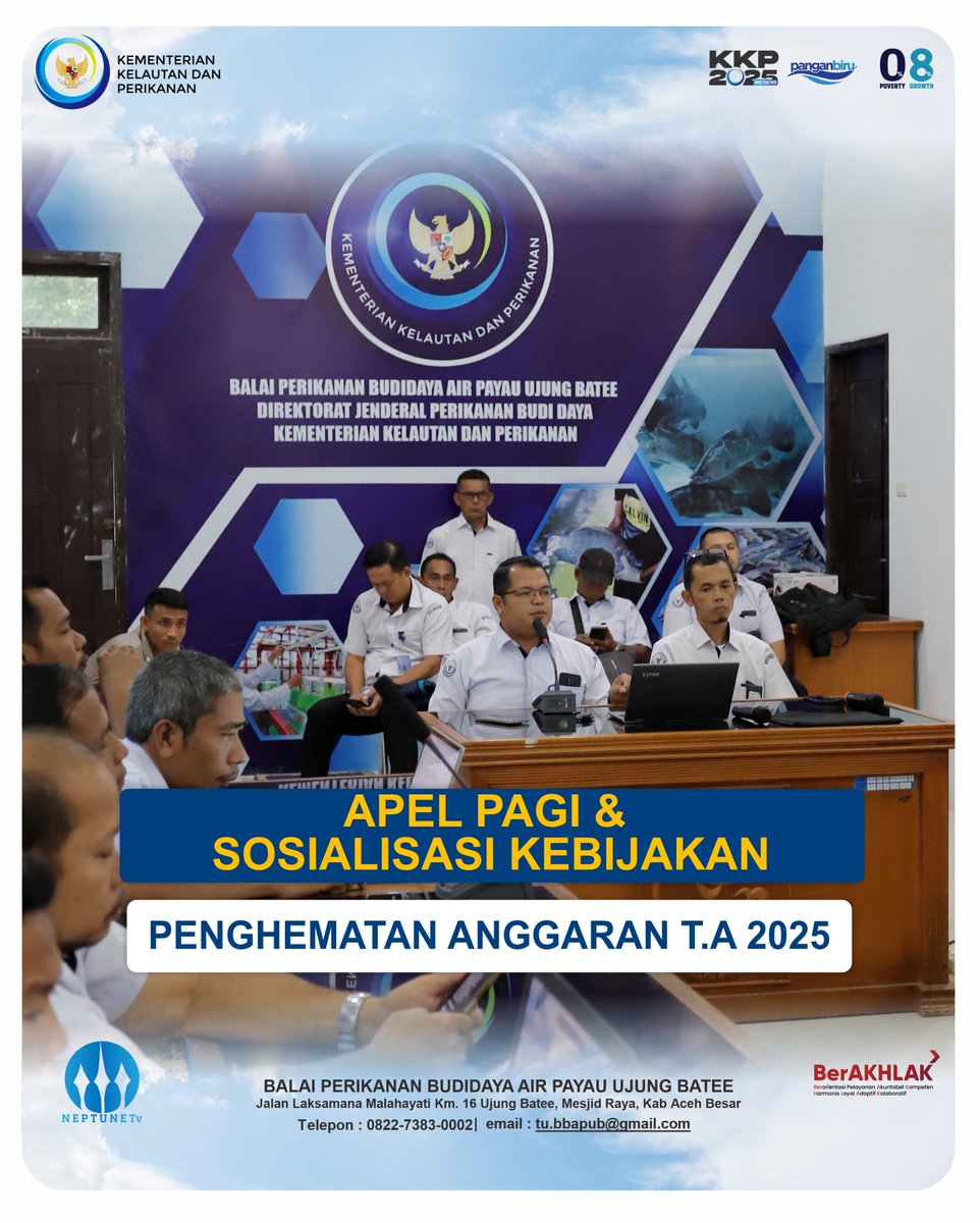 bpbapub's tweet photo. Seluruh pegawai Balai Perikanan Budidaya Air Payau (BPBAP) Ujung Batee menggelar apel pagi yang dilanjutkan dengan sosialisasi kebijakan penghematan anggaran Tahun Anggaran 2025. Kegiatan ini berlangsung di Auditorium Malahayati. https://t.co/liZv43WyxZ