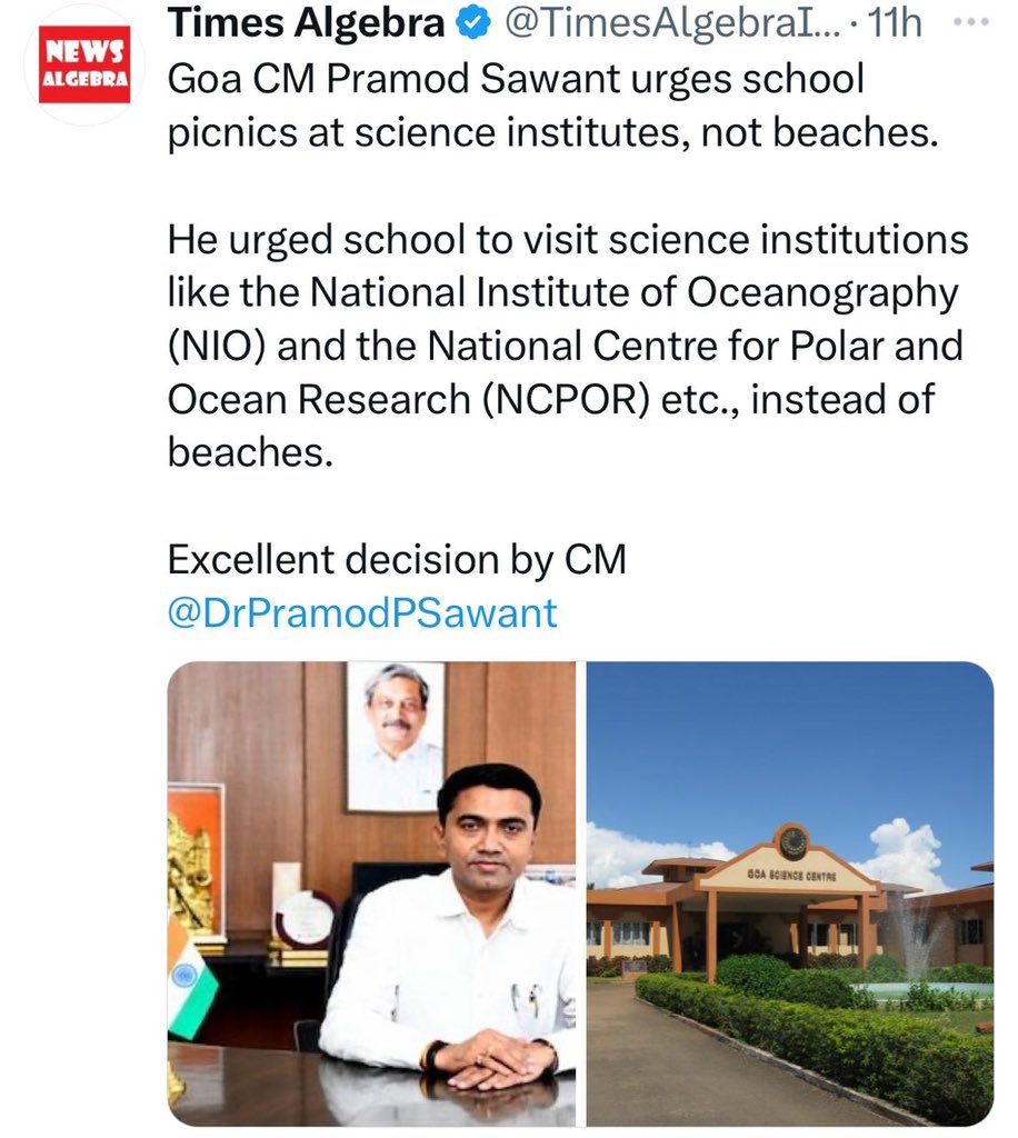 Francia da cruz (@francia_da82569) on Twitter photo Goa CM <a href="/DrPramodPSawant/">Dr. Pramod Sawant</a> urges schools to organize picnics at science institutes instead of beaches! Encouraging students to visit institutions like the National Institute of Oceanography (NIO) & the National Centre for Polar and Ocean Research (NCPOR) will inspire scientific Goa CM <a href="/DrPramodPSawant/">Dr. Pramod Sawant</a> urges schools to organize picnics at science institutes instead of beaches! Encouraging students to visit institutions like the National Institute of Oceanography (NIO) & the National Centre for Polar and Ocean Research (NCPOR) will inspire scientific