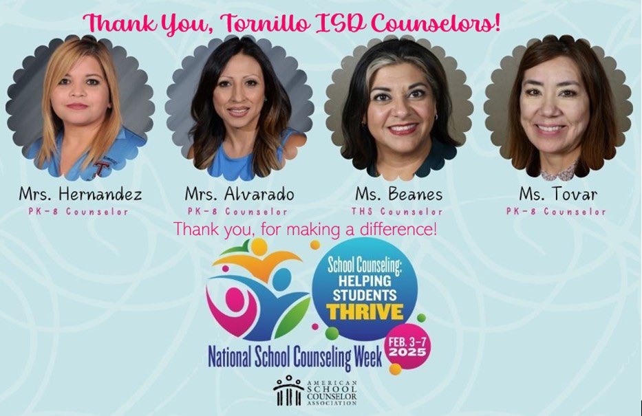 🐾Happy School Counselor’s Week to our Tornillo ISD Counselors! They lead with ❤️ to make our school a better place for students. Thank you, Mrs. Hernandez, Mrs. Alvarado, Mrs. Beanes, &amp; Mrs. Tovar!#TISDProud