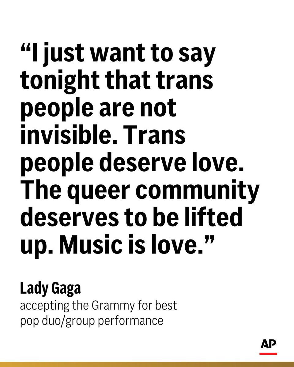 AP's tweet image. In her acceptance speech, Lady Gaga took a moment to speak about the LGBTQ+ community. bit.ly/4gujMOm