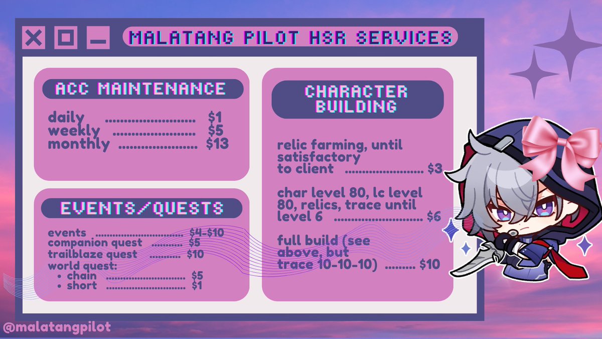 malatangpilot's tweet photo. hello! malatang pilot service is run by rue and ego (hsr pilot). our services are as below and you may DM to avail!
carrd: https://t.co/3vOYAnrhtr
ko-fi: https://t.co/gu38Y9qGT6 https://t.co/gqn7rj778Y