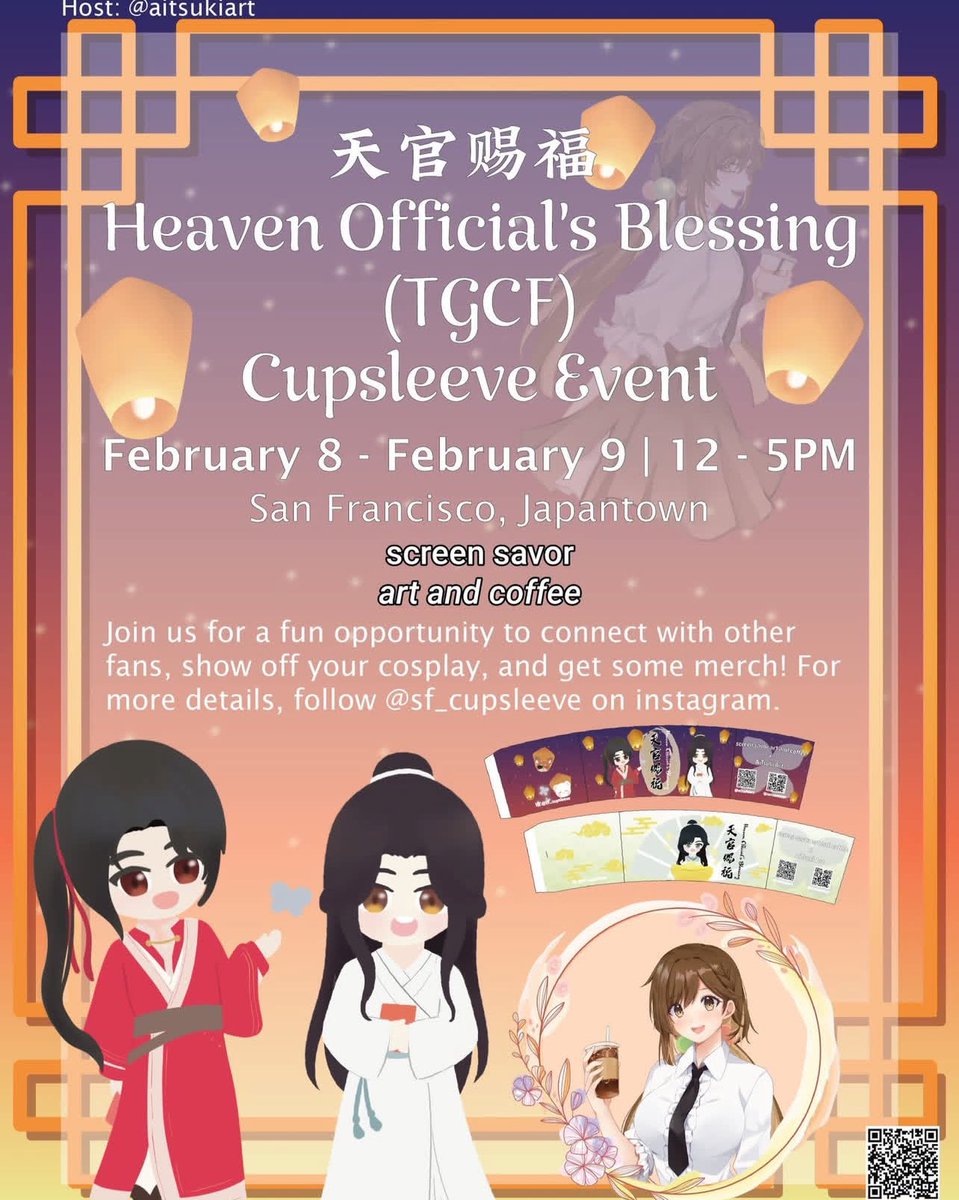 SF_cupsleeve's tweet photo. 💮Hello! (ˊ•͈ ◡ •͈ˋ) Join us next week for our first TGCF cupsleeve event

✨Event Details
📌 Date: February 8-9, 2025
⏰ Time: 12 - 5 PM
📍Location: San Francisco Japantown (screen savor art and coffee)

#tgcf #tianguancifu #heavenofficialsblessing #danmei #mxtx #天管赐福 #BL https://t.co/oNwlGXWyEB