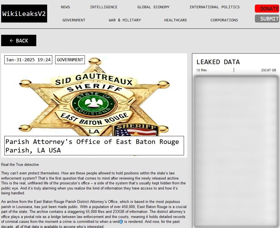 The WikiLeaksV2 #ransomware gang claims on their #darkweb site that they have stolen 232GB of data 
the Parish Attorney's Office of East Baton Rouge Parish, USA 🇺🇸.