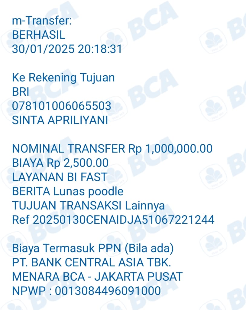defry_focus's tweet photo. Penipuan pembelian hewan peliharaan nama ig @mickeydogshop, no hp 085362072425, transaksi sudah dilakukan dan tidak ada respon sampai hari ini @TMCPoldaMetro 
@CCICPolri 

PAYMENT MICKEY.DOGSHOP🐶
NAMA : SINTA APRILIYANI✅
BANK  : BRI💳
NO REK : 0781-0100-6065-503
@BANKBRI_ID https://t.co/HPtfcRXO0I