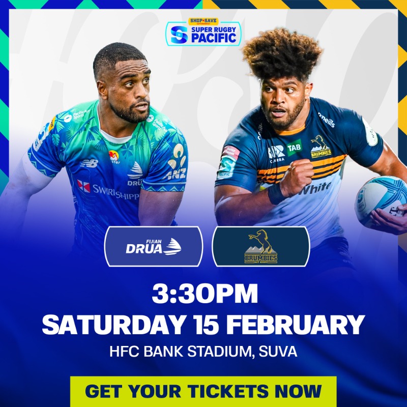 Fijian_Drua's tweet photo. For the first time ever, the Brumbies are coming to Fiji 🏉

Be at HFC Bank Stadium on Sat, Feb 15 as we kick off Super Rugby season with a bang!

🎟 Tickets from just FJ$25 - get yours now.